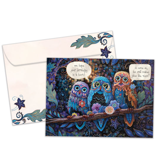 Front view of a Birthday greeting card featuring a colorful illustration of owls and a birthday message, with a matching envelope.