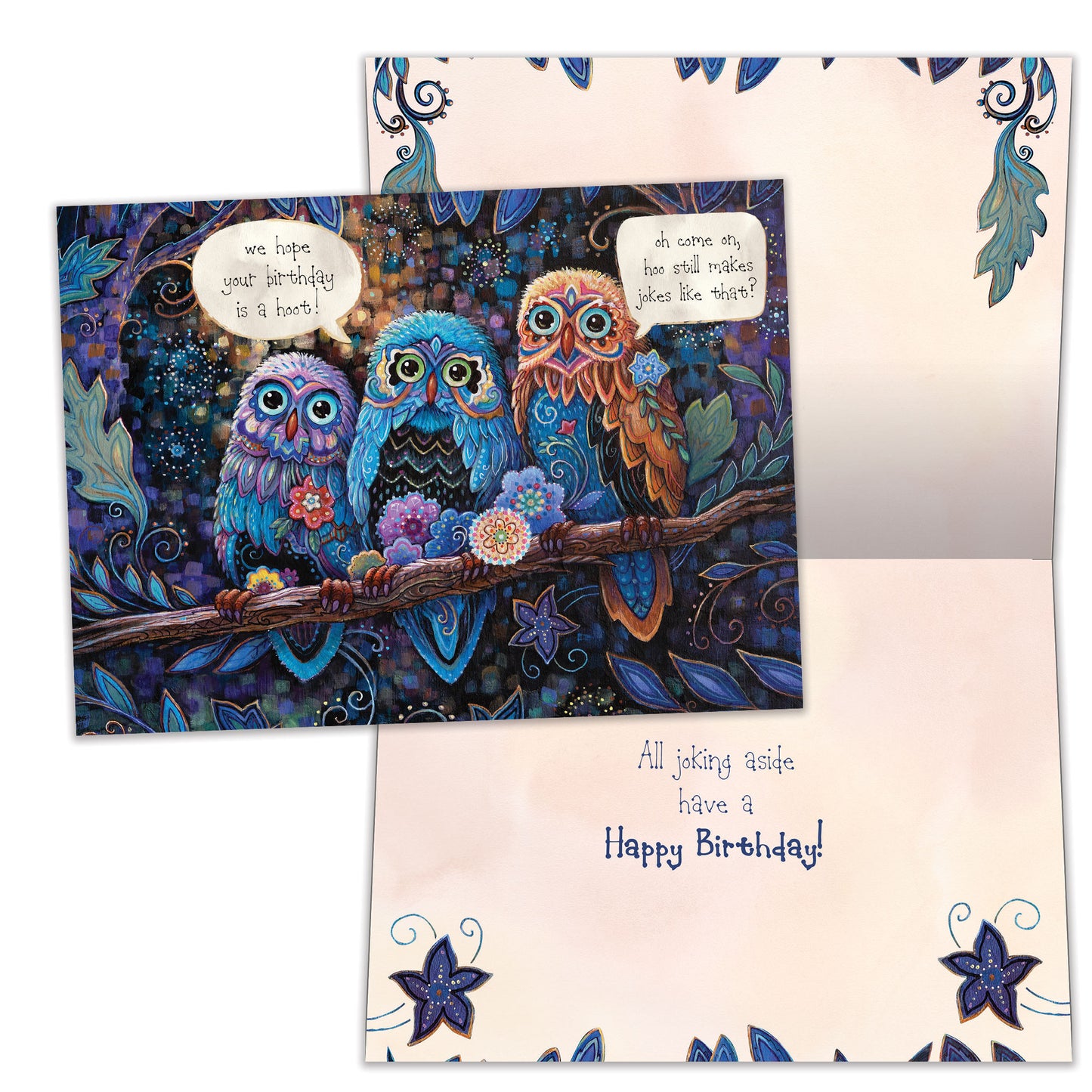 Front and inside view of a Birthday greeting card featuring a colorful illustration of owls and a birthday message, with matching design details inside