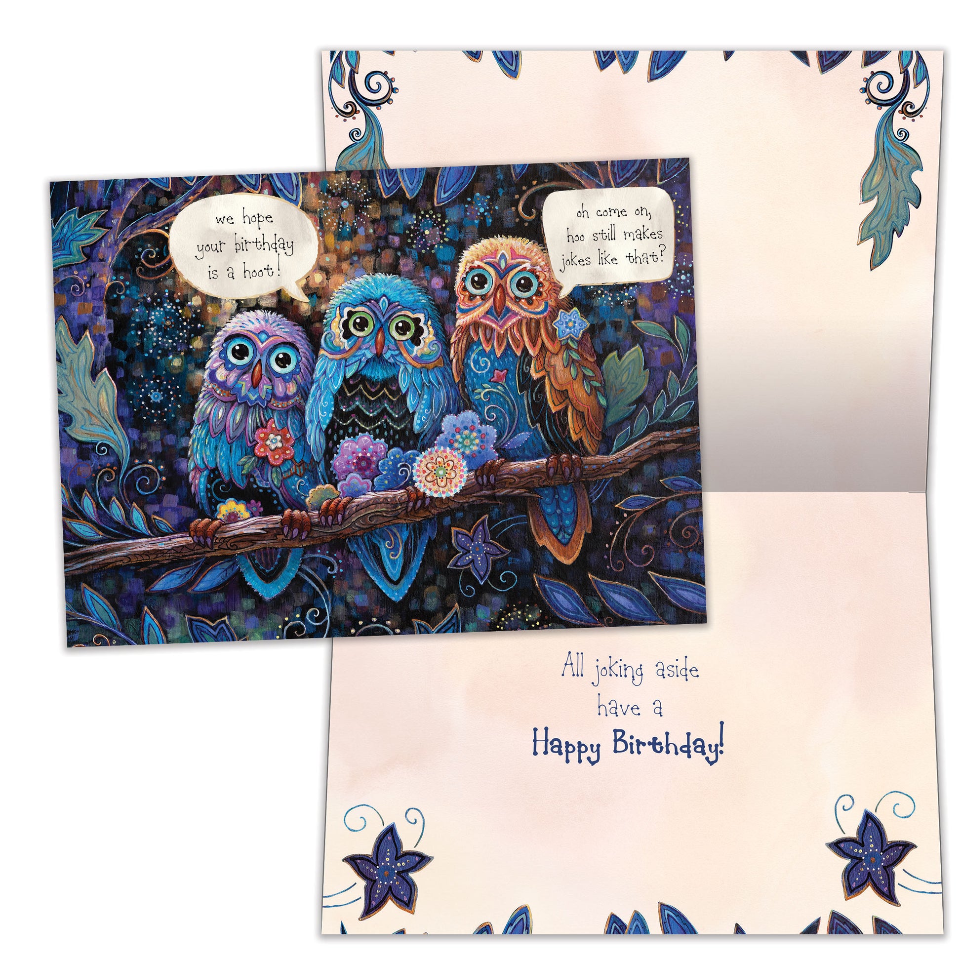 Front and inside view of a Birthday greeting card featuring a colorful illustration of owls and a birthday message, with matching design details inside