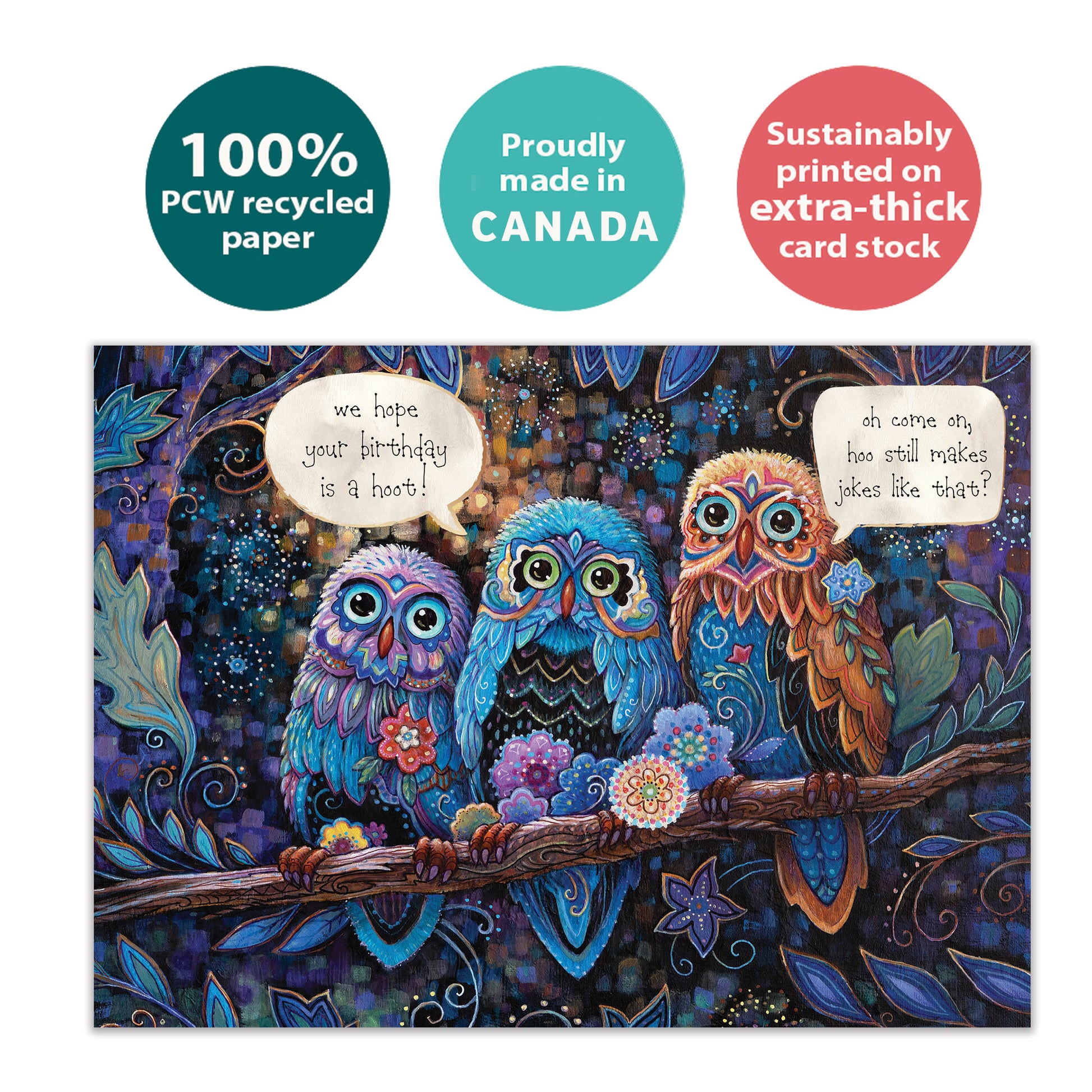 Front view of a Birthday greeting card with a colorful illustration of owls and a birthday message, highlighting its eco-friendly materials and made in Canada.