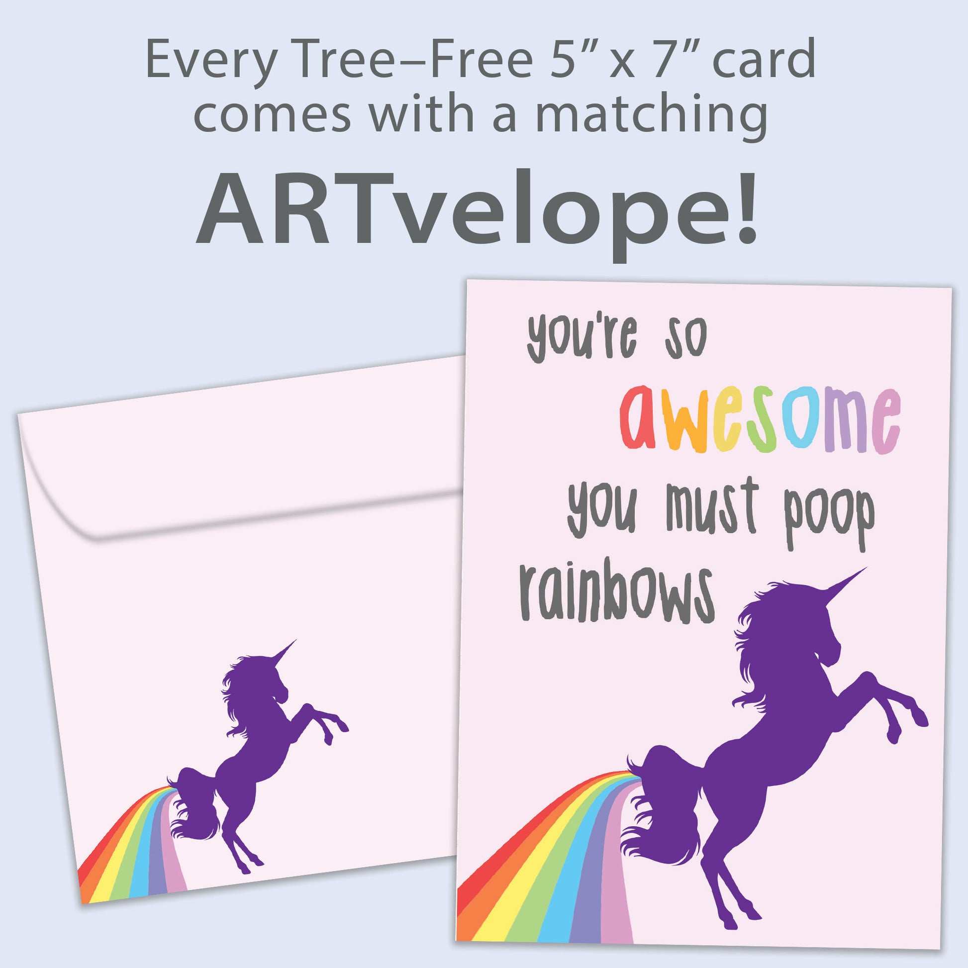 Front view of a Birthday greeting card featuring a colorful unicorn with a message about being awesome, with matching envelope artwork.