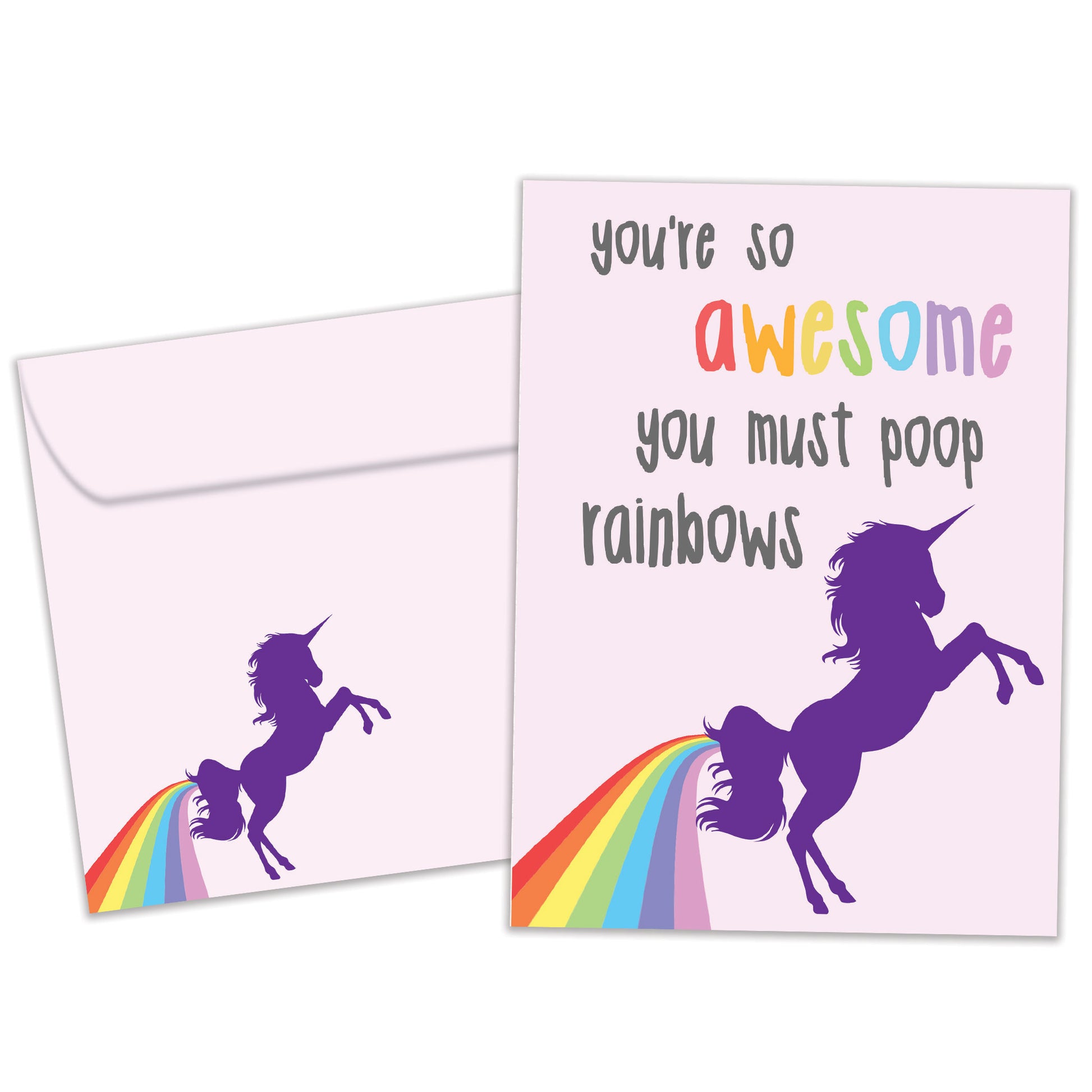 Front view of a Birthday greeting card featuring a colorful unicorn with a message about being awesome, with a matching envelope. 