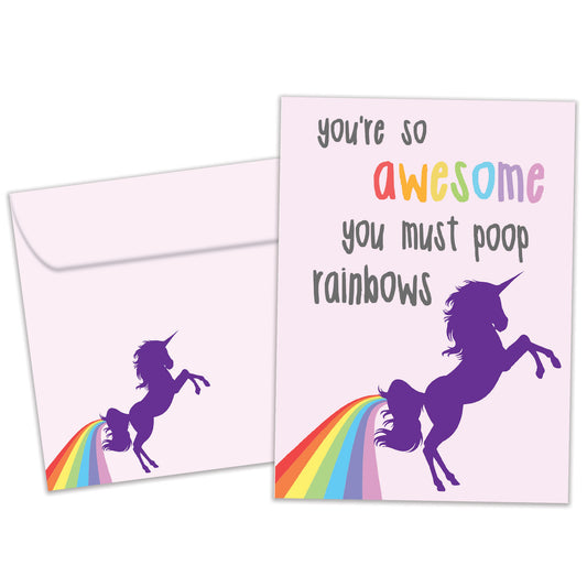 Front view of a Birthday greeting card featuring a colorful unicorn with a message about being awesome, with a matching envelope. 
