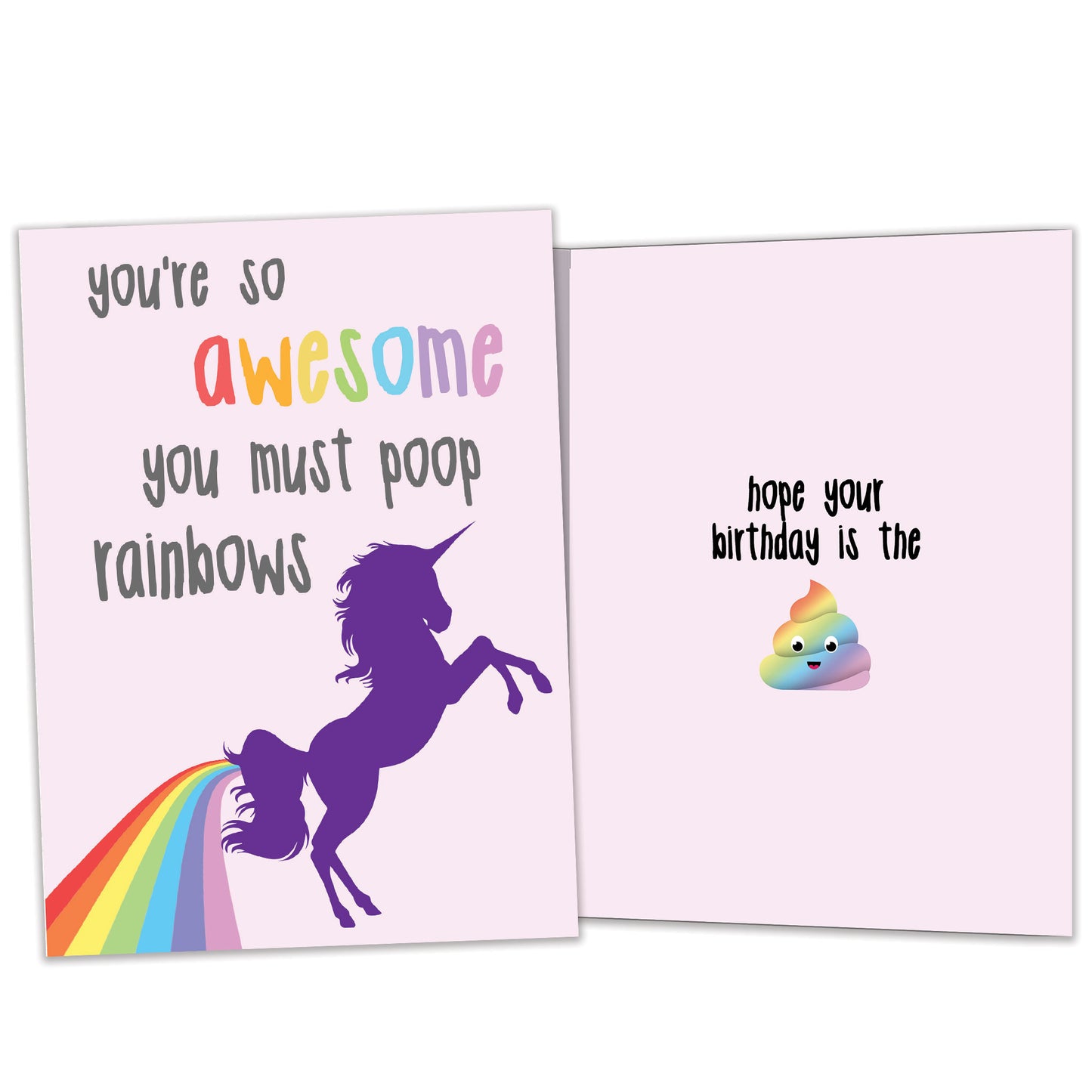 Front and inside view of a Birthday greeting card featuring a colorful unicorn and rainbow, with matching design details inside.