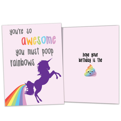 Front and inside view of a Birthday greeting card featuring a colorful unicorn and rainbow, with matching design details inside.