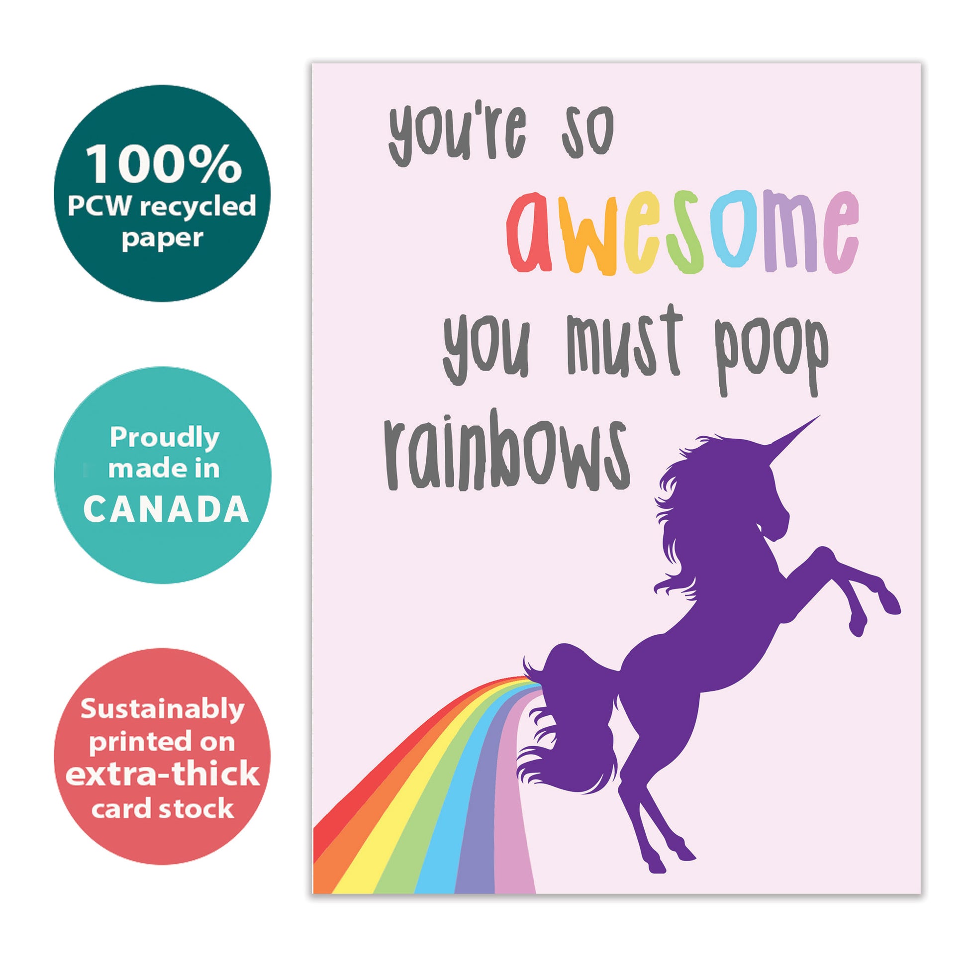 Front view of a Birthday greeting card with a colorful, highlighting its eco-friendly materials and made in Canada.