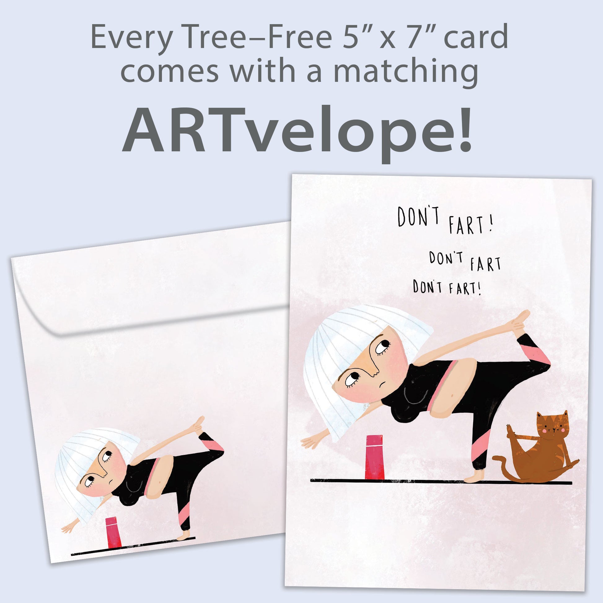 Front view of a Birthday greeting card featuring a woman and cat doing yoga and the message "Don’t fart!", with matching envelope artwork.