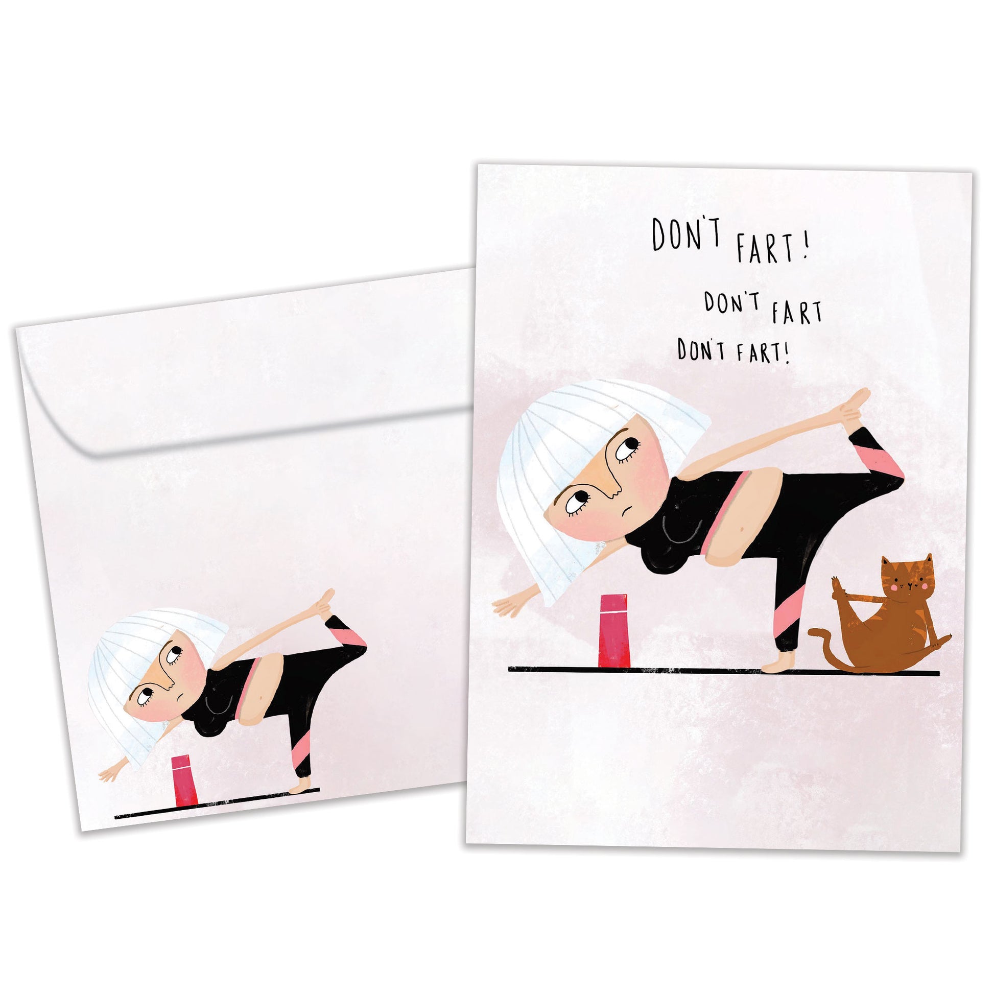 Front view of a Birthday greeting card featuring a woman and cat doing yoga and the message "Don’t fart!", with a matching envelope