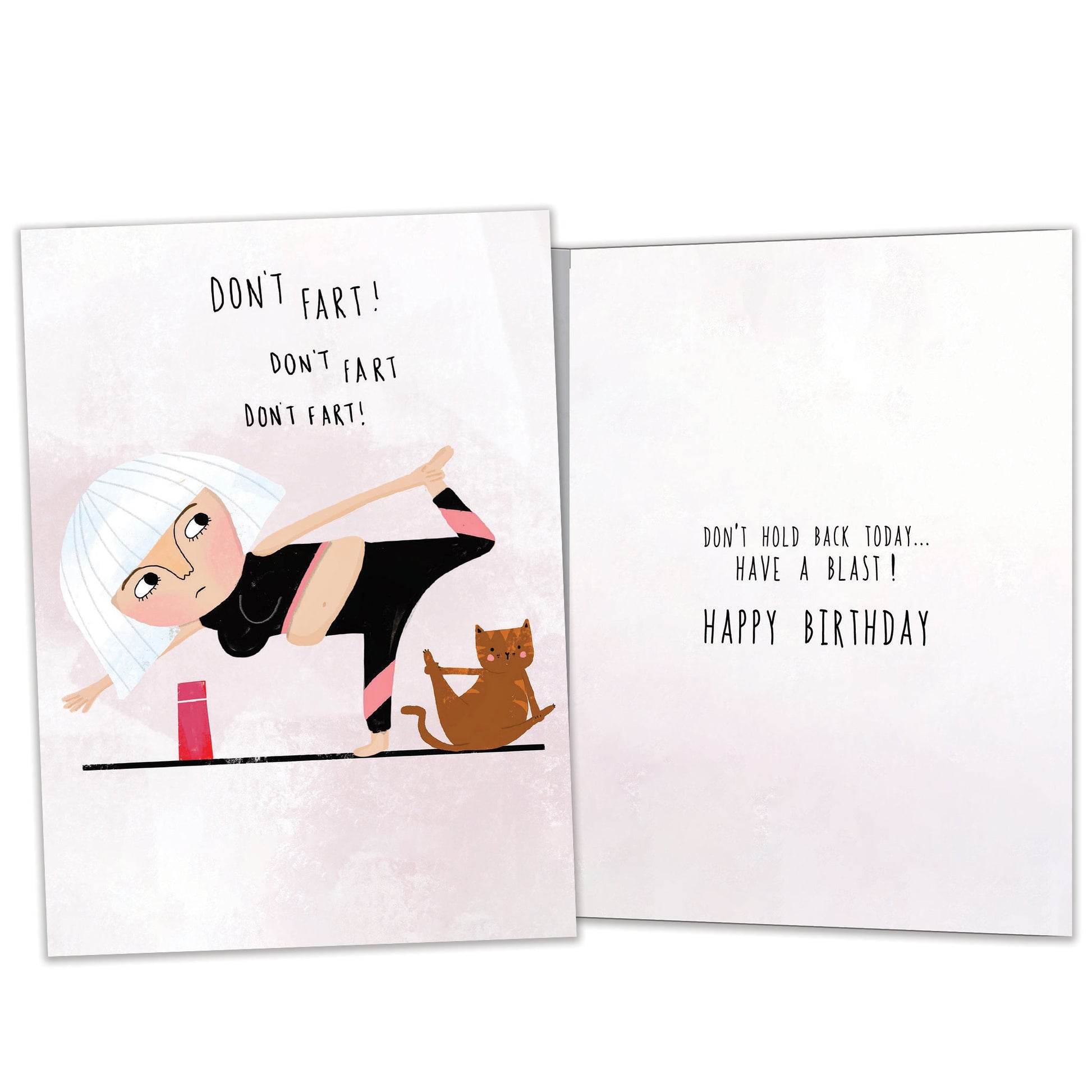 Front and inside view of a Birthday greeting card featuring a woman doing yoga and the message "Don’t fart!", with matching design details inside
