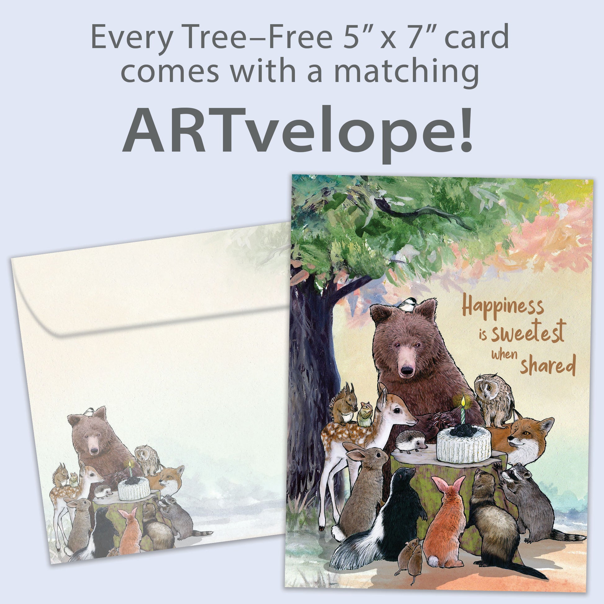 Front view of a Birthday greeting card featuring animals sitting around a birthday cake and a message, with matching envelope artwork.