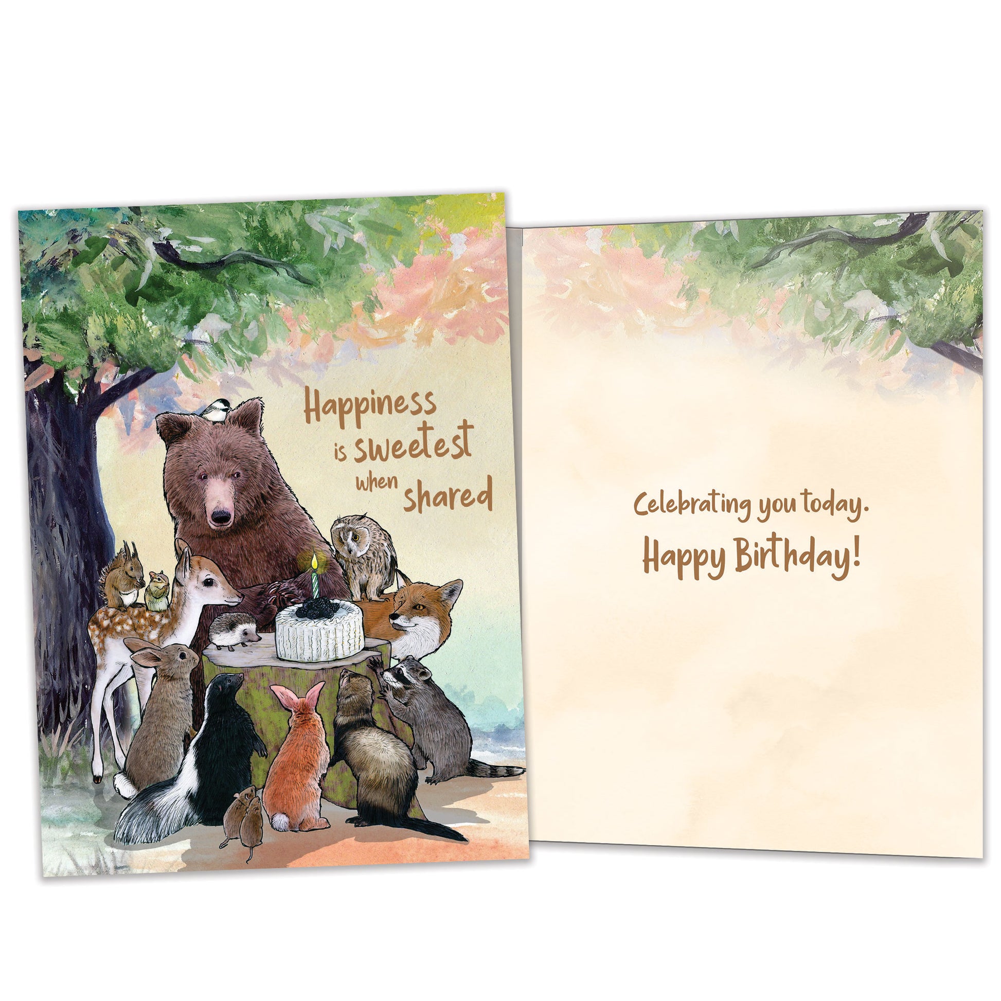 Front and inside view of a Birthday greeting card featuring animals sitting around a birthday cake and a message, with matching design details inside