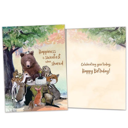 Front and inside view of a Birthday greeting card featuring animals sitting around a birthday cake and a message, with matching design details inside