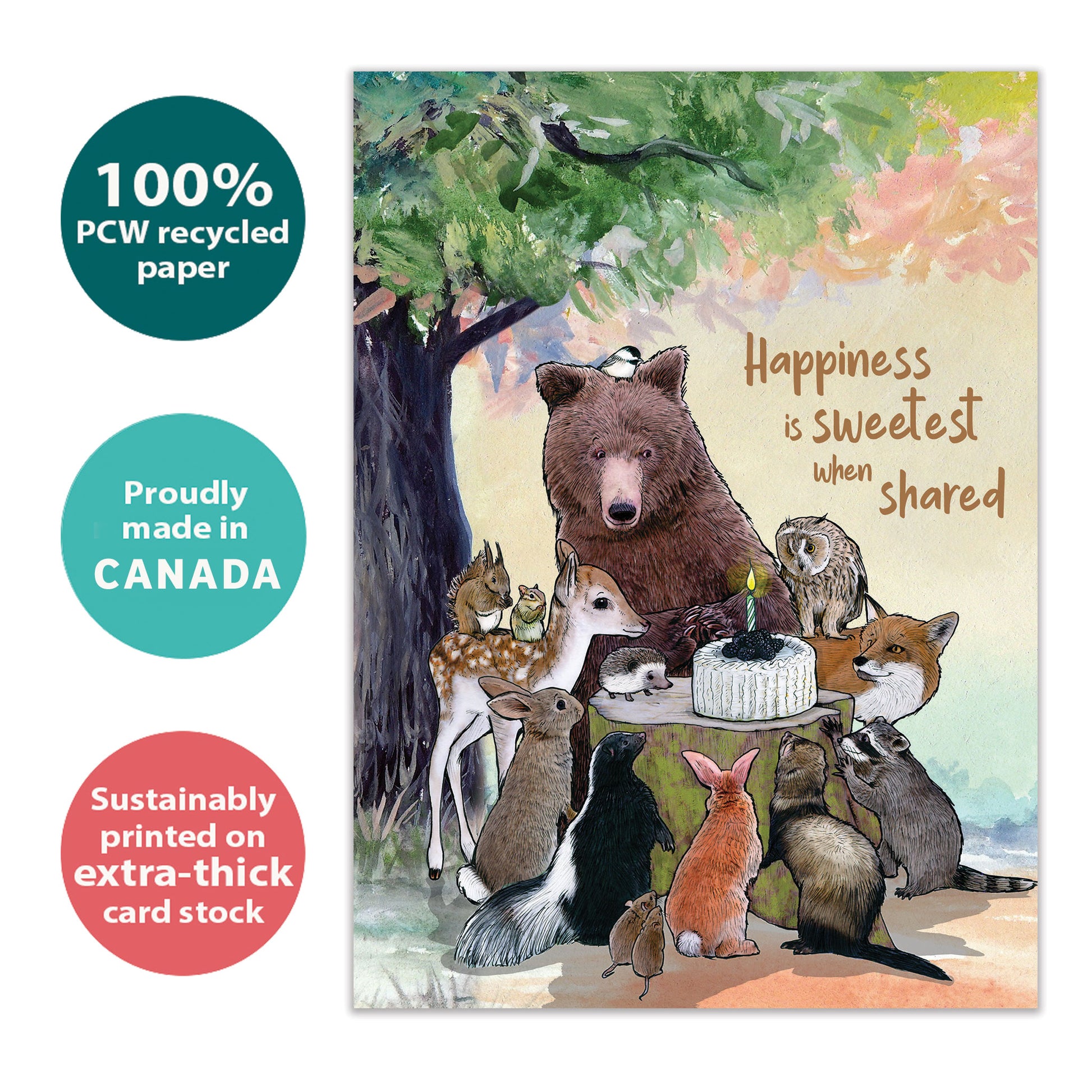 Front view of a Birthday greeting card with animals sitting around a birthday cake, highlighting its eco-friendly materials and made in Canada
