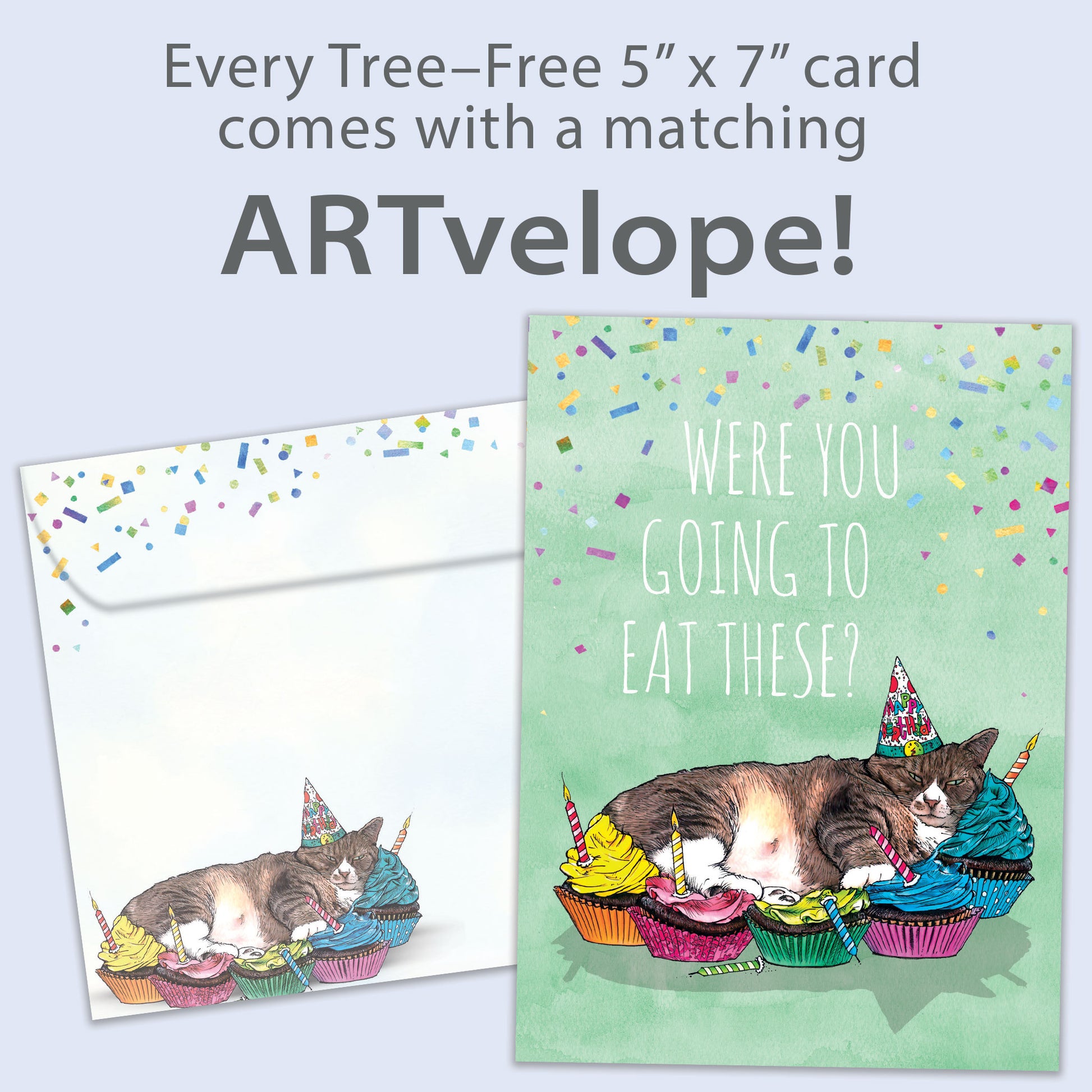 Front view of a Birthday greeting card featuring a napping cat surrounded by cupcakes and a message, with matching envelope artwork