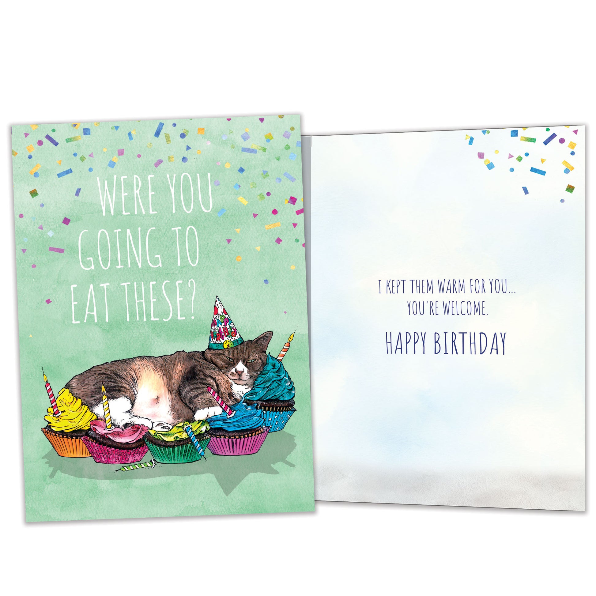 Front and inside view of a Birthday greeting card featuring a napping cat surrounded by cupcakes and a message, with matching design details inside