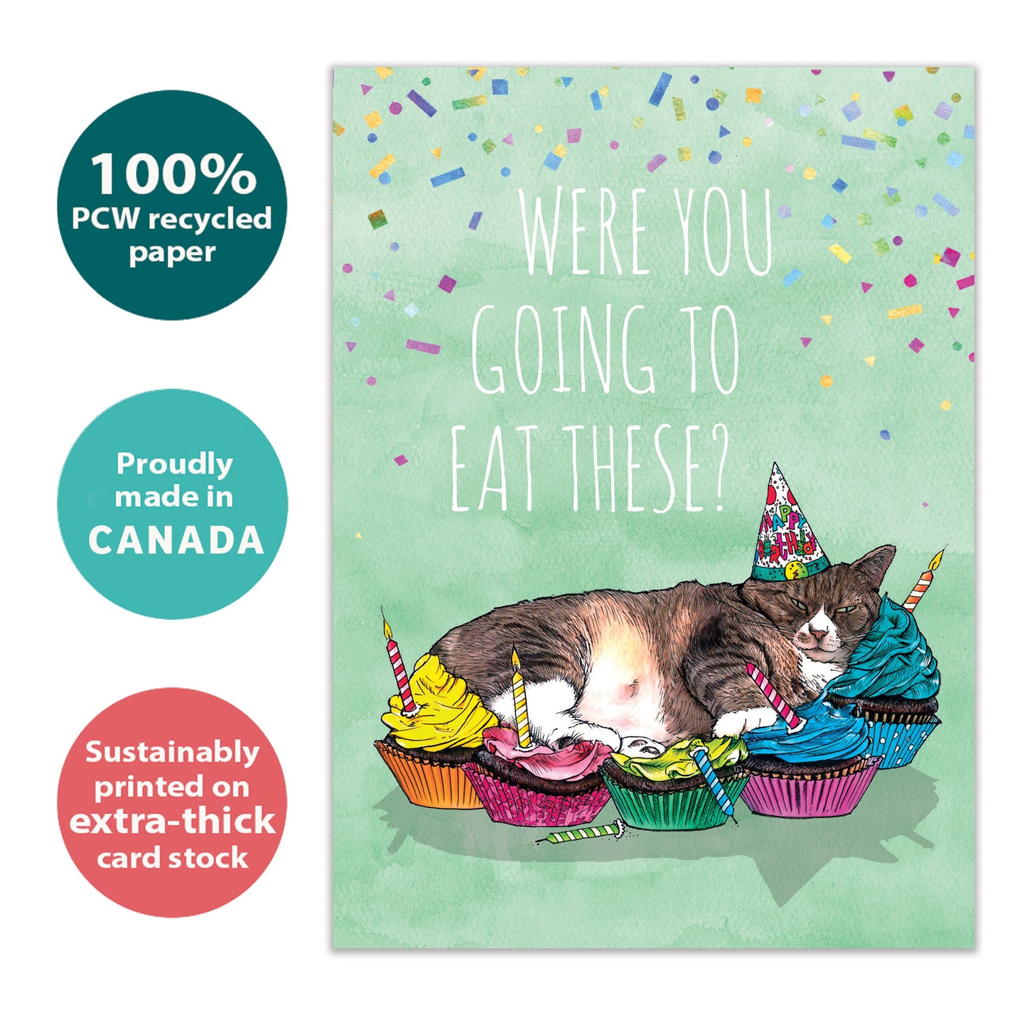 Front view of a Birthday greeting card with a napping cat surrounded by cupcakes and a message, highlighting its eco-friendly materials and made in Canada.