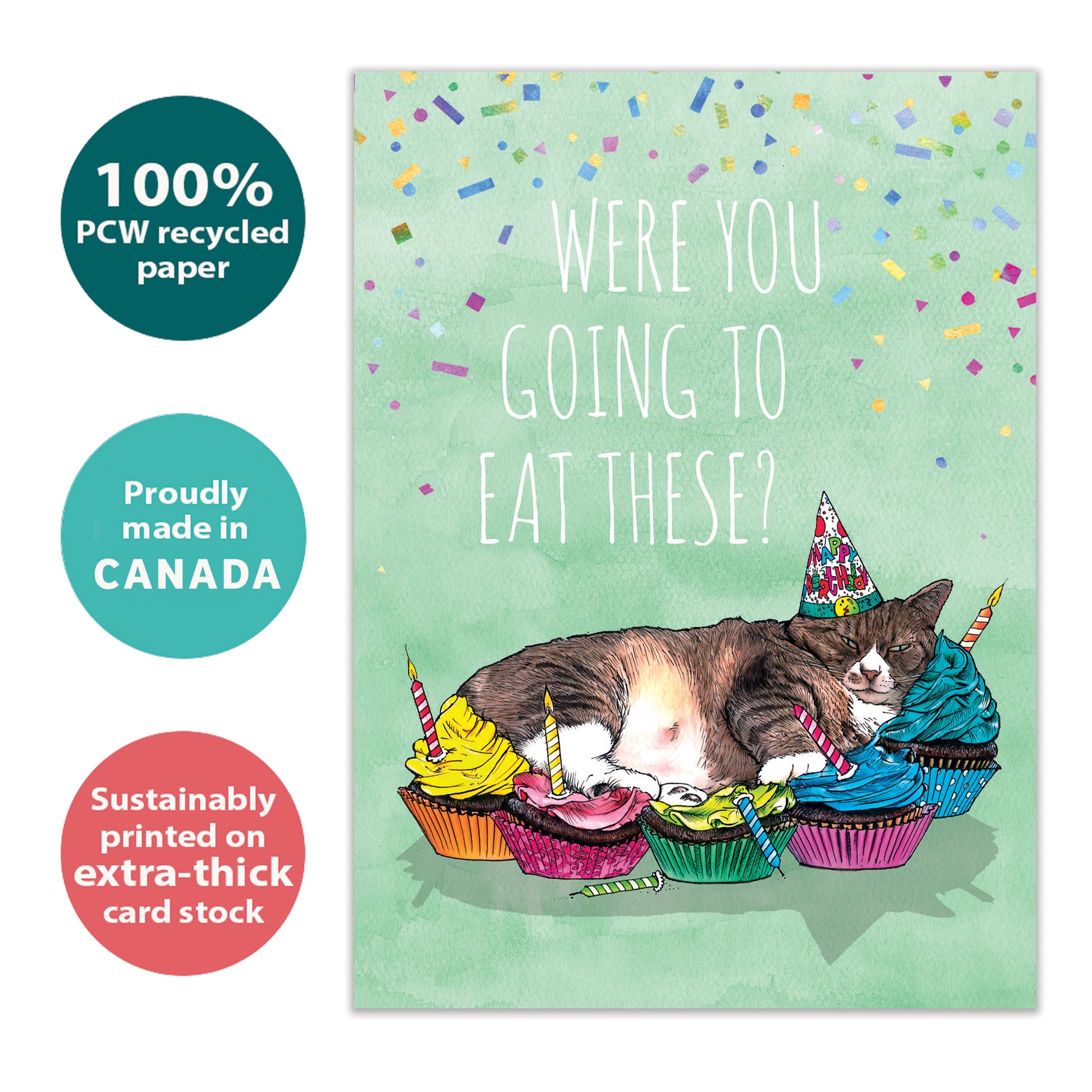 Front view of a Birthday greeting card with a napping cat surrounded by cupcakes and a message, highlighting its eco-friendly materials and made in Canada.