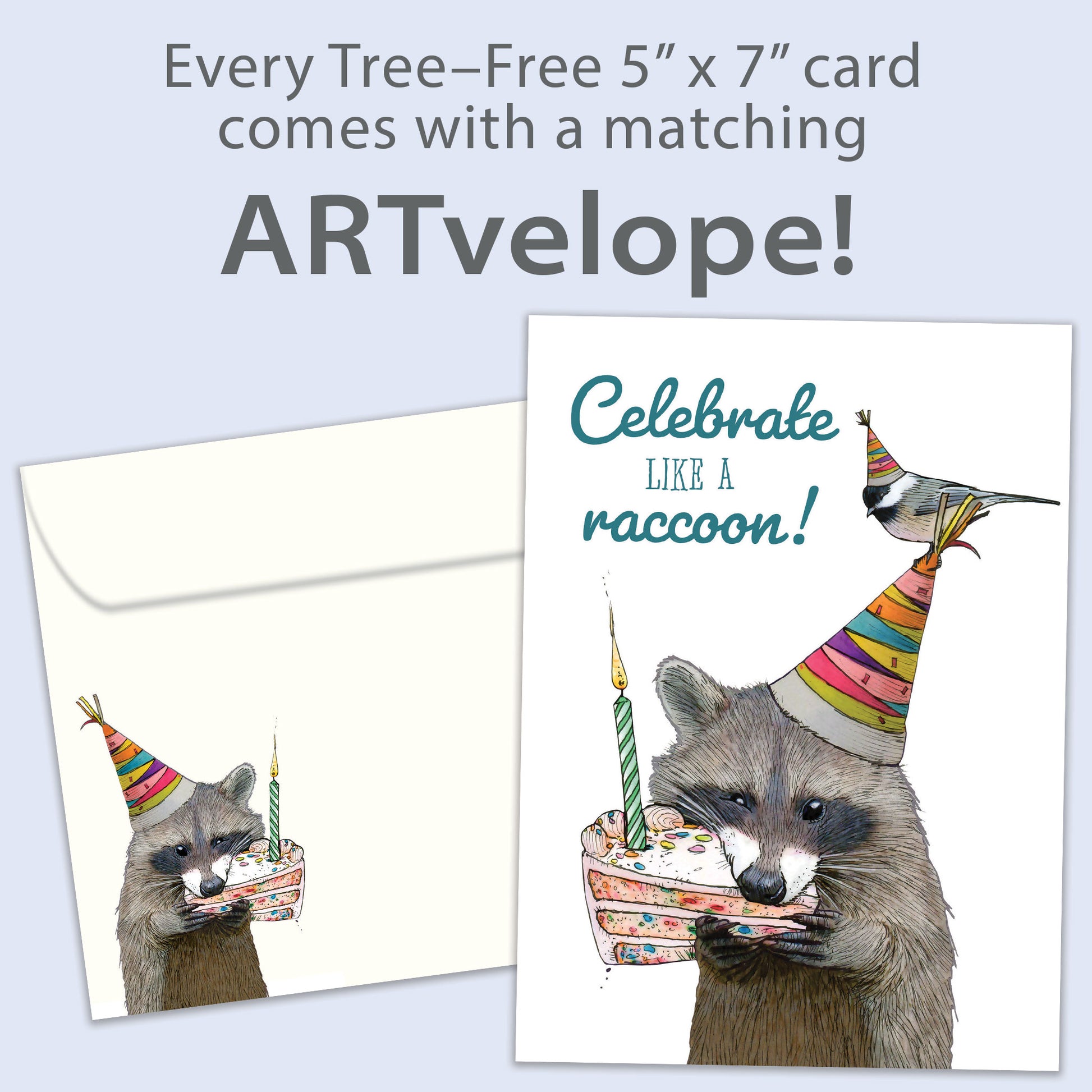 Front view of a Birthday greeting card featuring a raccoon eating cake with the message "Celebrate like a raccoon!", with matching envelope artwork.