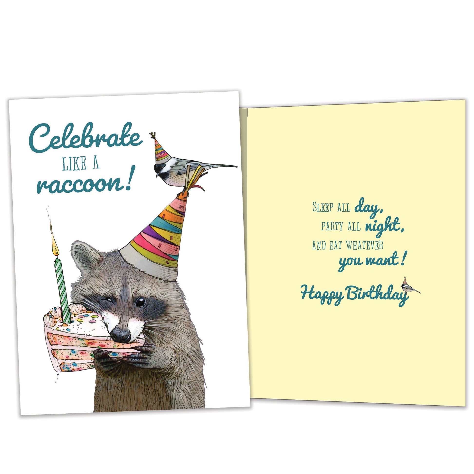 Front and inside view of a Birthday greeting card featuring a playful image of a raccoon eating cake, with matching design details inside