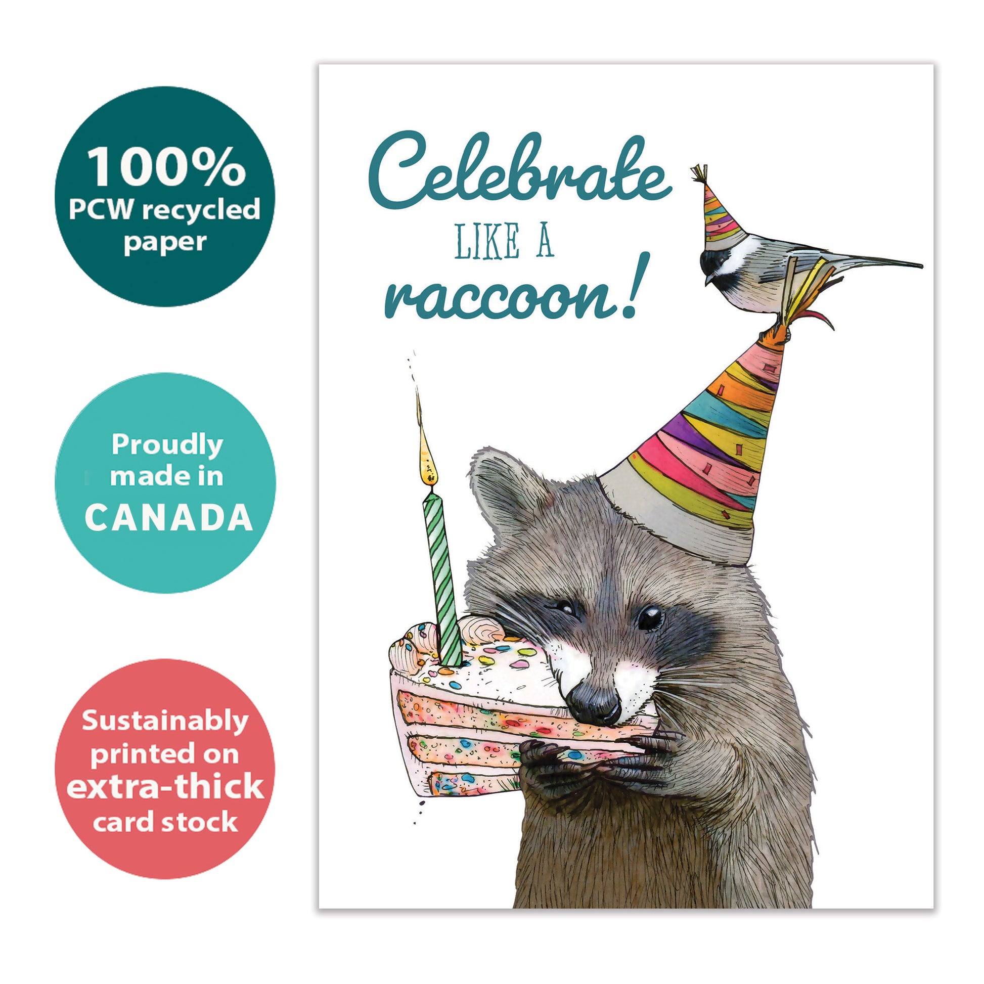 Front view of a Birthday greeting card with a playful image of a raccoon eating cake, highlighting its eco-friendly materials and made in Canada