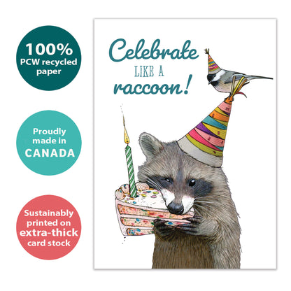 Front view of a Birthday greeting card with a playful image of a raccoon eating cake, highlighting its eco-friendly materials and made in Canada