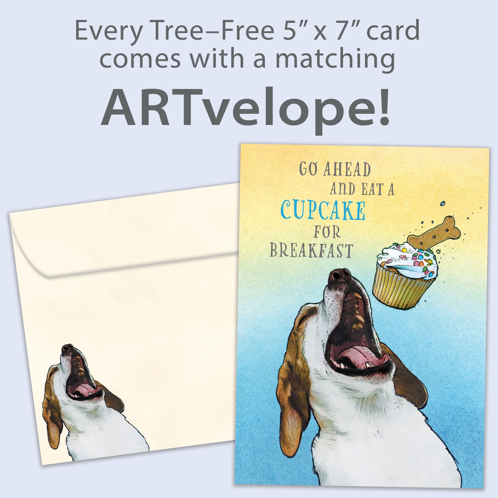 Front view of a Birthday greeting card featuring a playful image of a dog eating a cupcake and a fun message, with matching envelope artwork.
