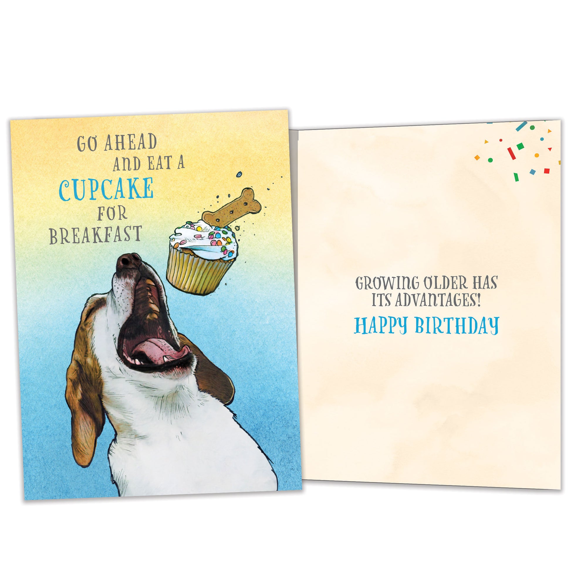 Front and inside view of a Birthday greeting card featuring a playful image of a dog eating a cupcake and a fun message, with matching design details inside
