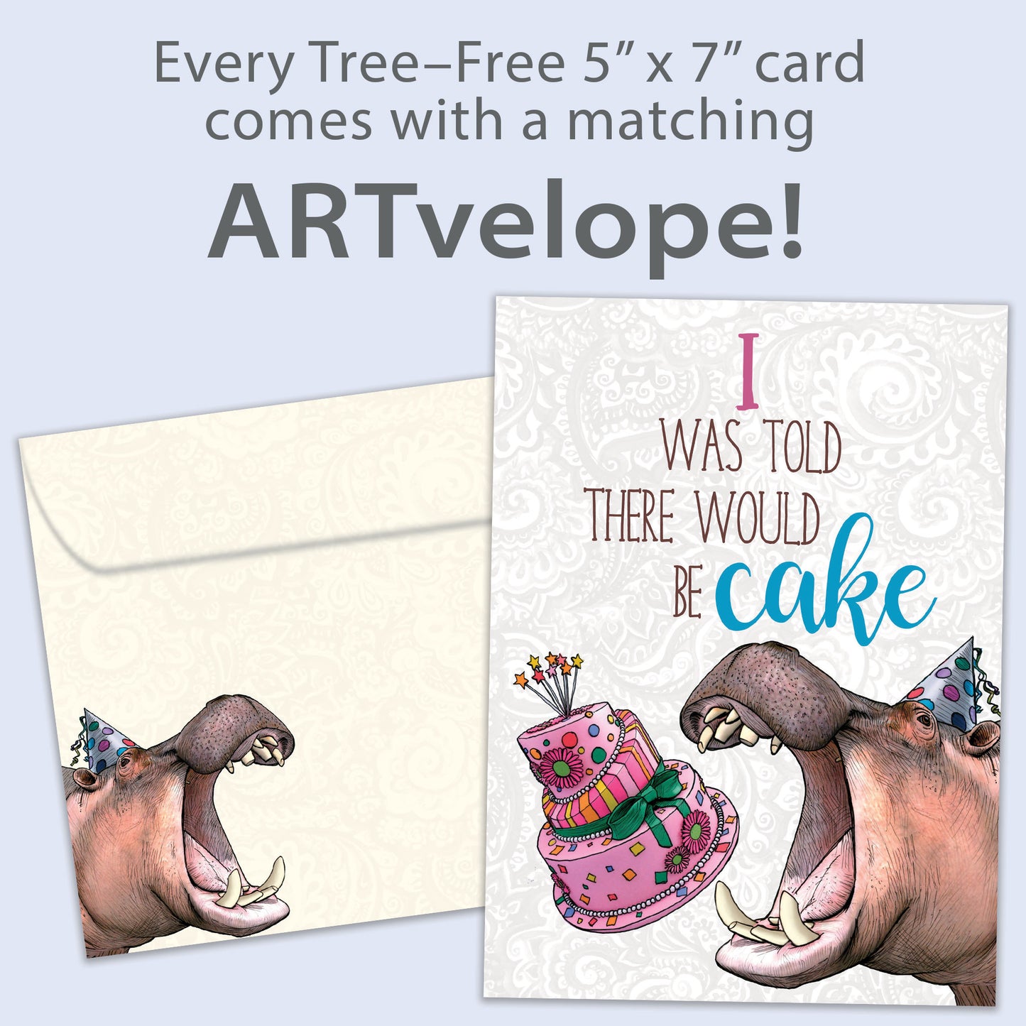 Front view of a Birthday greeting card featuring an image of a hippopotamus wearing a birthday cap about to eat cake, with matching envelope artwork