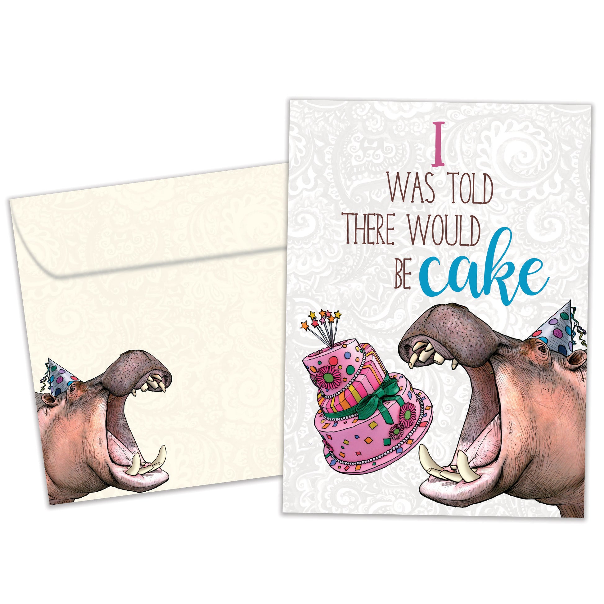 Front view of a Birthday greeting card featuring an image of a hippopotamus wearing a birthday cap about to eat cake, with a matching envelope