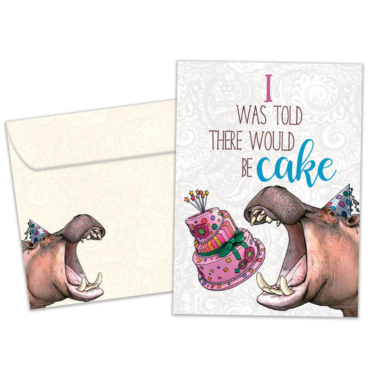 Front view of a Birthday greeting card featuring an image of a hippopotamus wearing a birthday cap about to eat cake, with a matching envelope
