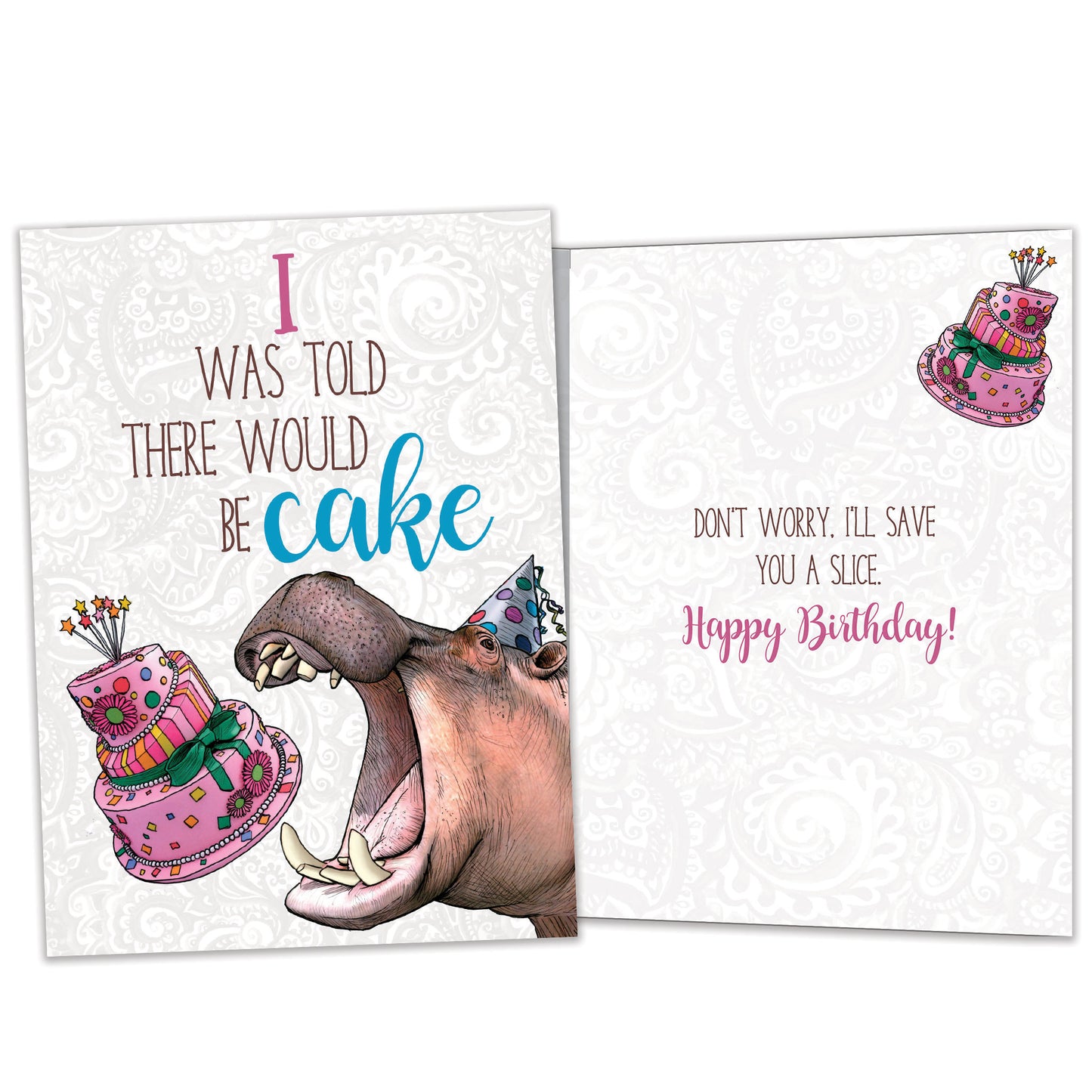 Front and inside view of a Birthday greeting card featuring an image of a hippo about to eat cake, with matching design details inside