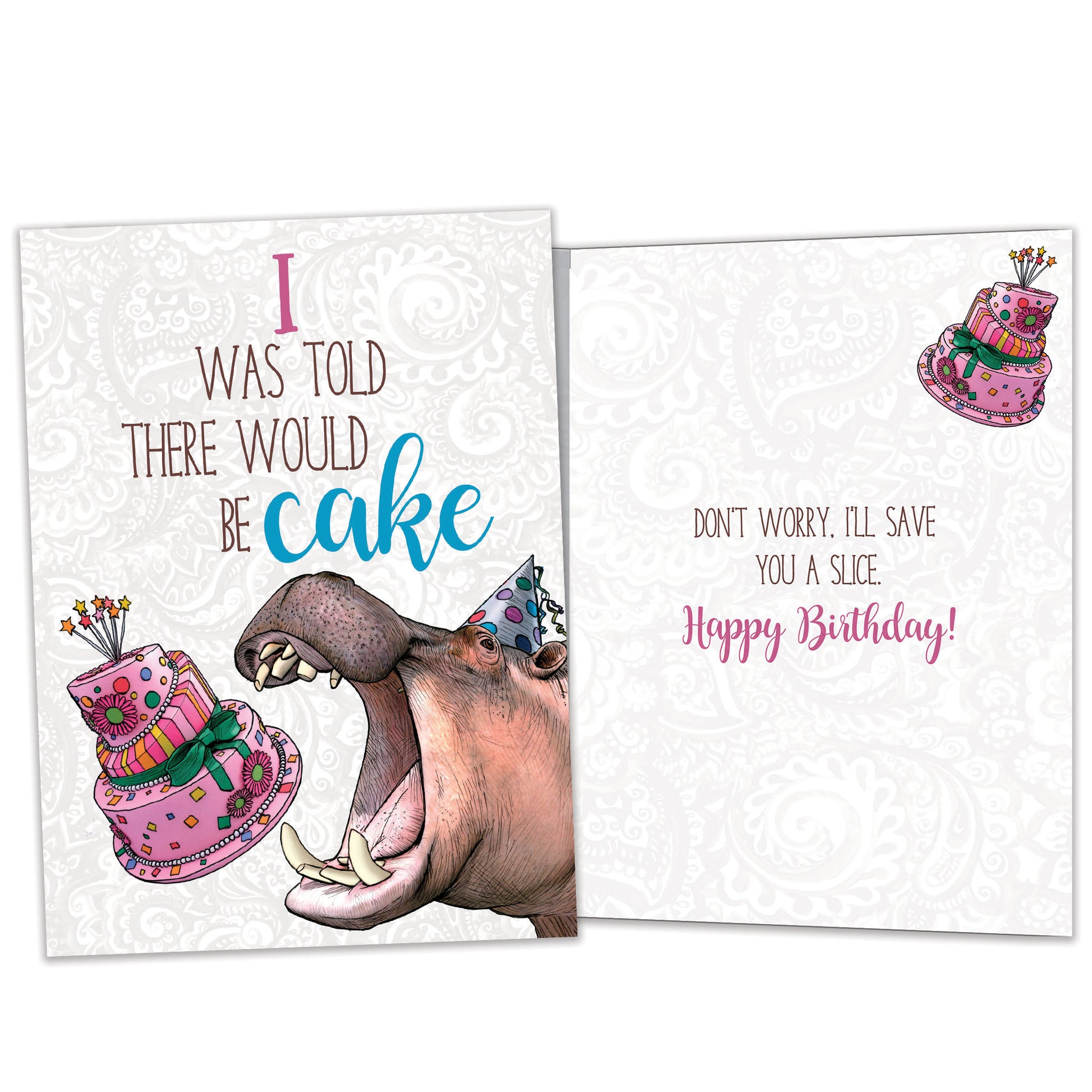 Front and inside view of a Birthday greeting card featuring an image of a hippo about to eat cake, with matching design details inside