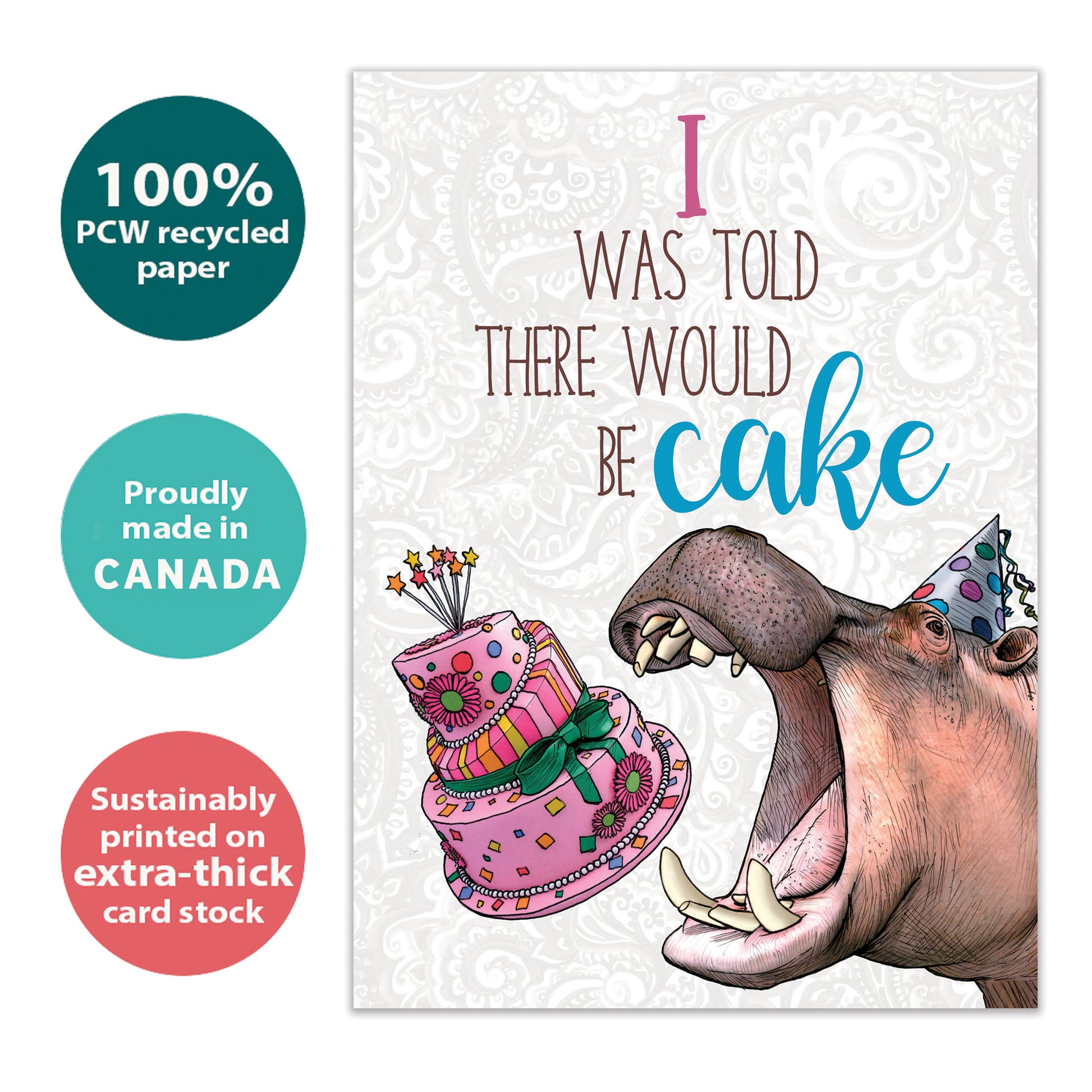 Front view of a Birthday greeting card with an image of a hippo about to eat cake, highlighting its eco-friendly materials and made in Canada