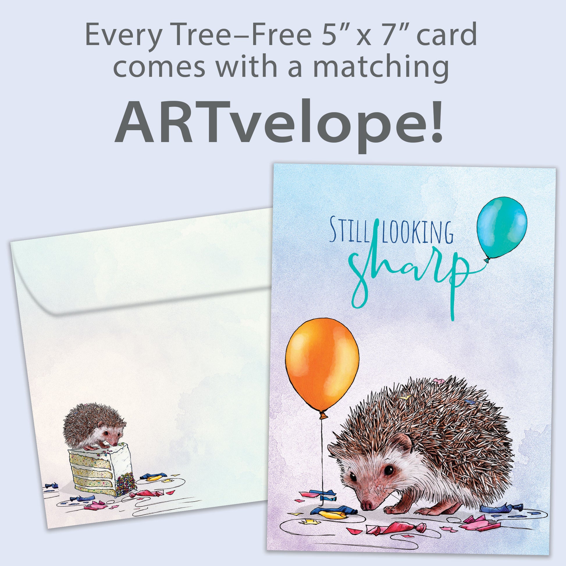 Front view of a Birthday greeting card featuring a porcupine and broken balloons with the message "Still looking sharp", with matching envelope artwork