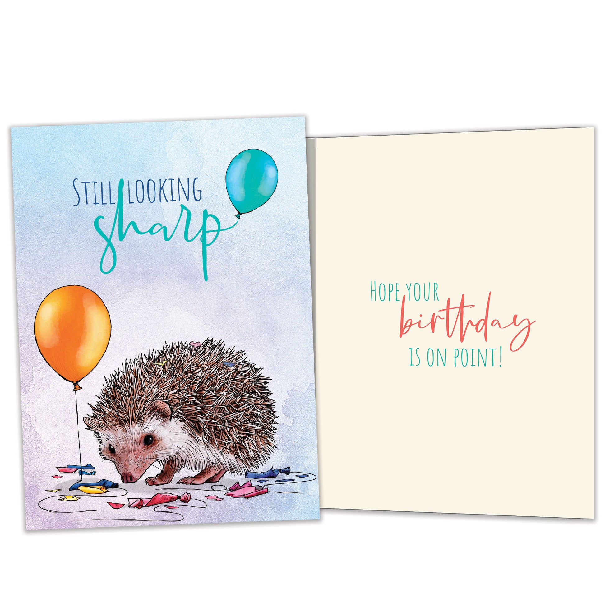 Front and inside view of a Birthday greeting card featuring a porcupine with the message "Still looking sharp", with matching design details inside