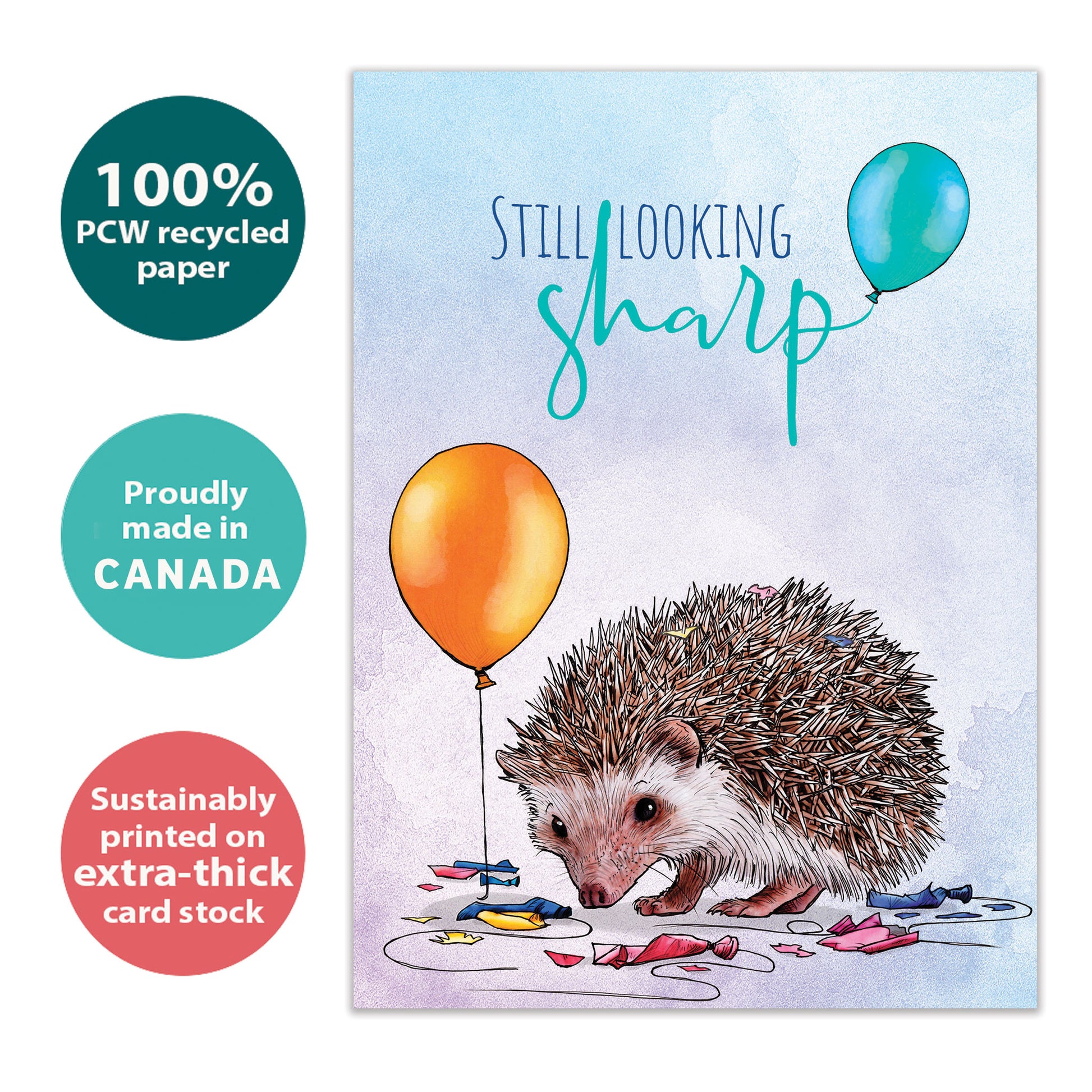 Front view of a Birthday greeting card with a porcupine with the message "Still looking sharp", highlighting its eco-friendly materials and made in Canada