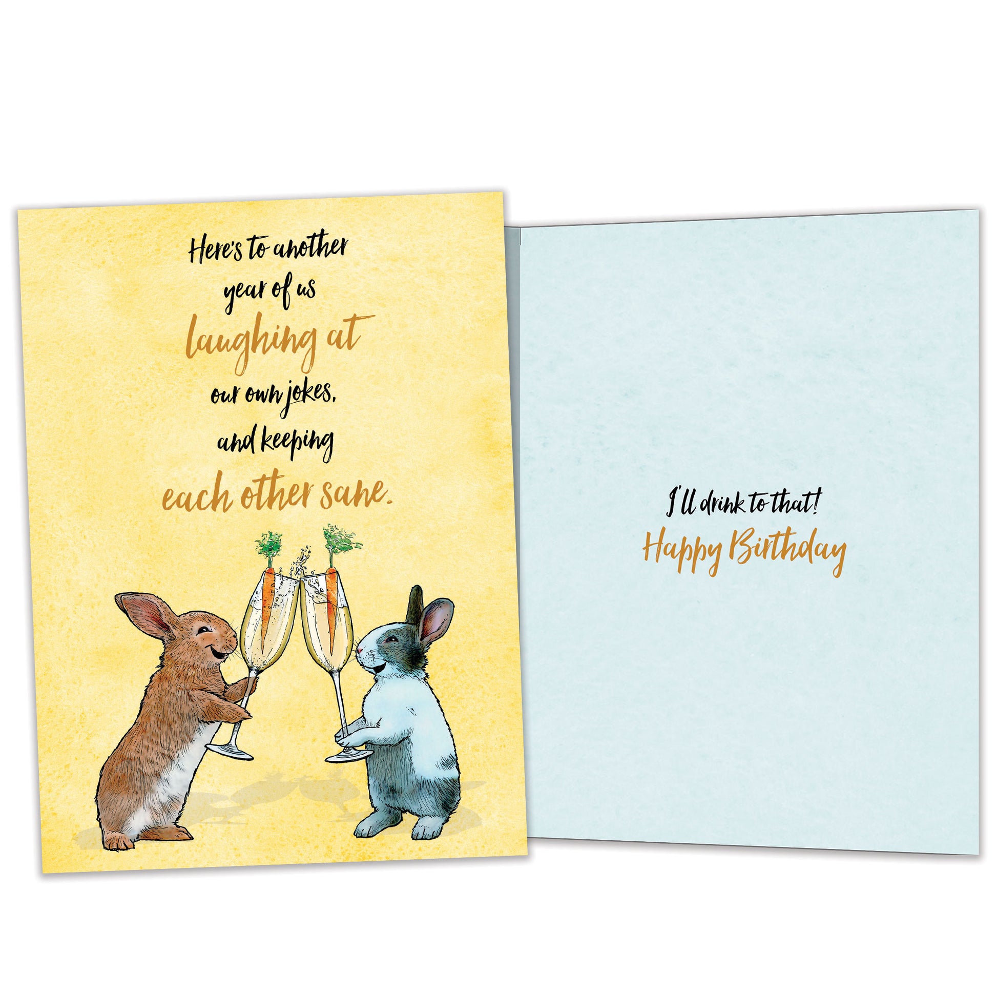 Front and inside view of a Birthday greeting card featuring two rabbits with champagne glasses and a message about “us”, with matching design details inside