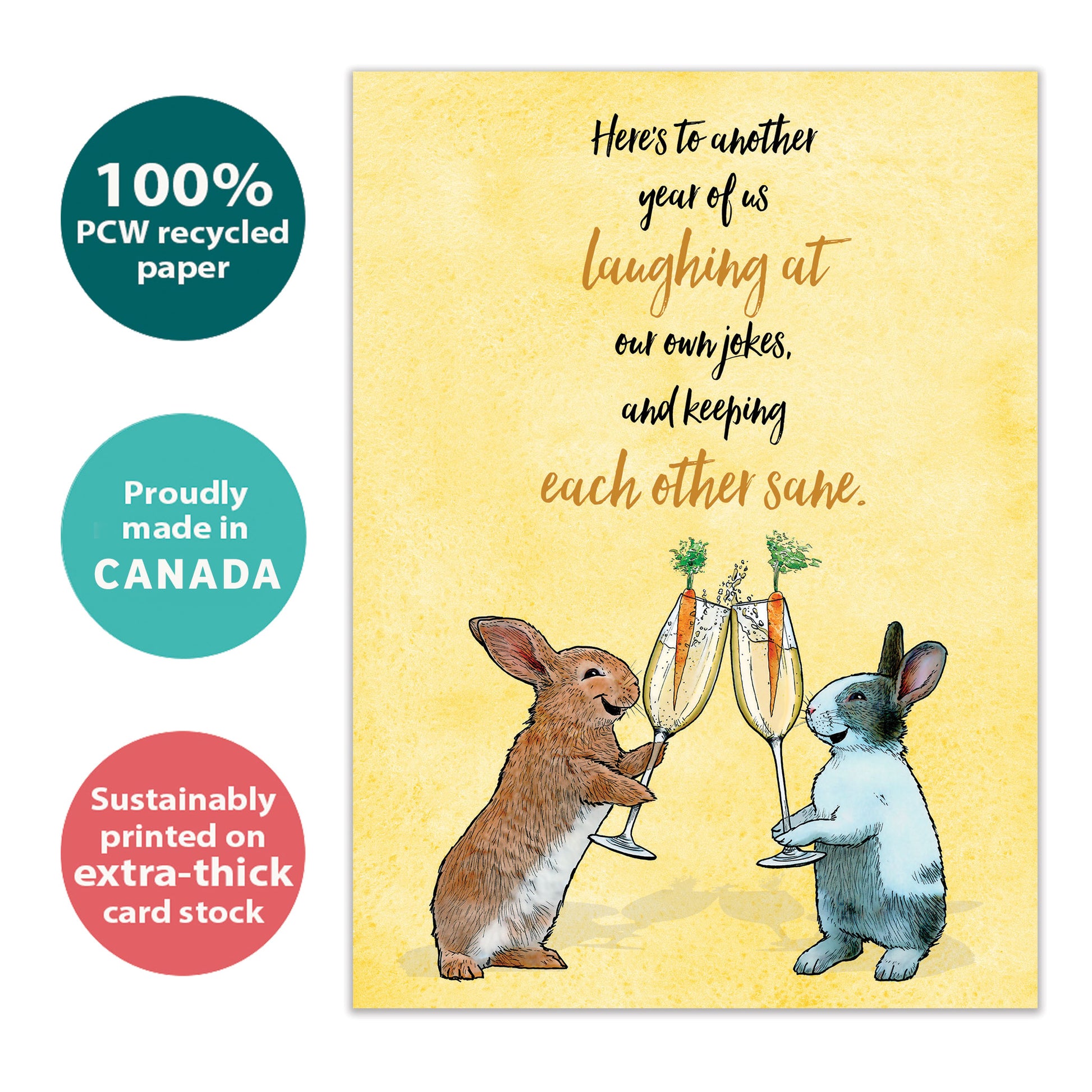 Front view of a Birthday greeting card with two rabbits and champagne glasses, highlighting its eco-friendly materials and made in Canada