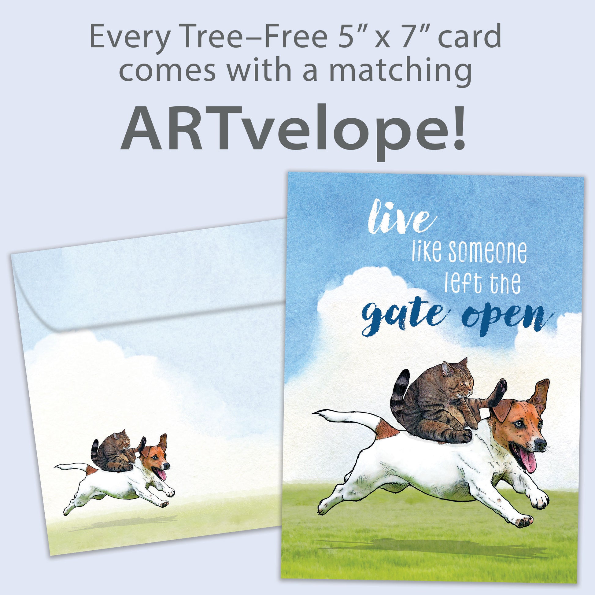 Front view of a Birthday greeting card featuring a cat riding on a dogs back with a message about life, with matching envelope artwork.