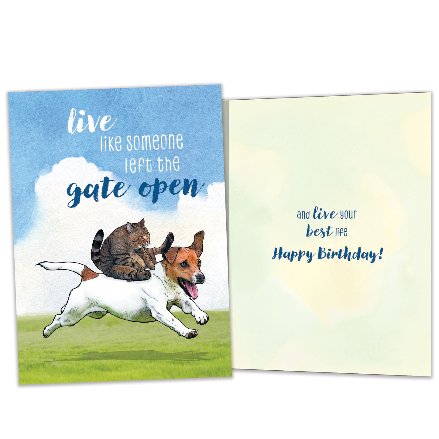 Front and inside view of a Birthday greeting card featuring a cat riding on a dogs back with a message about life, with matching design details inside