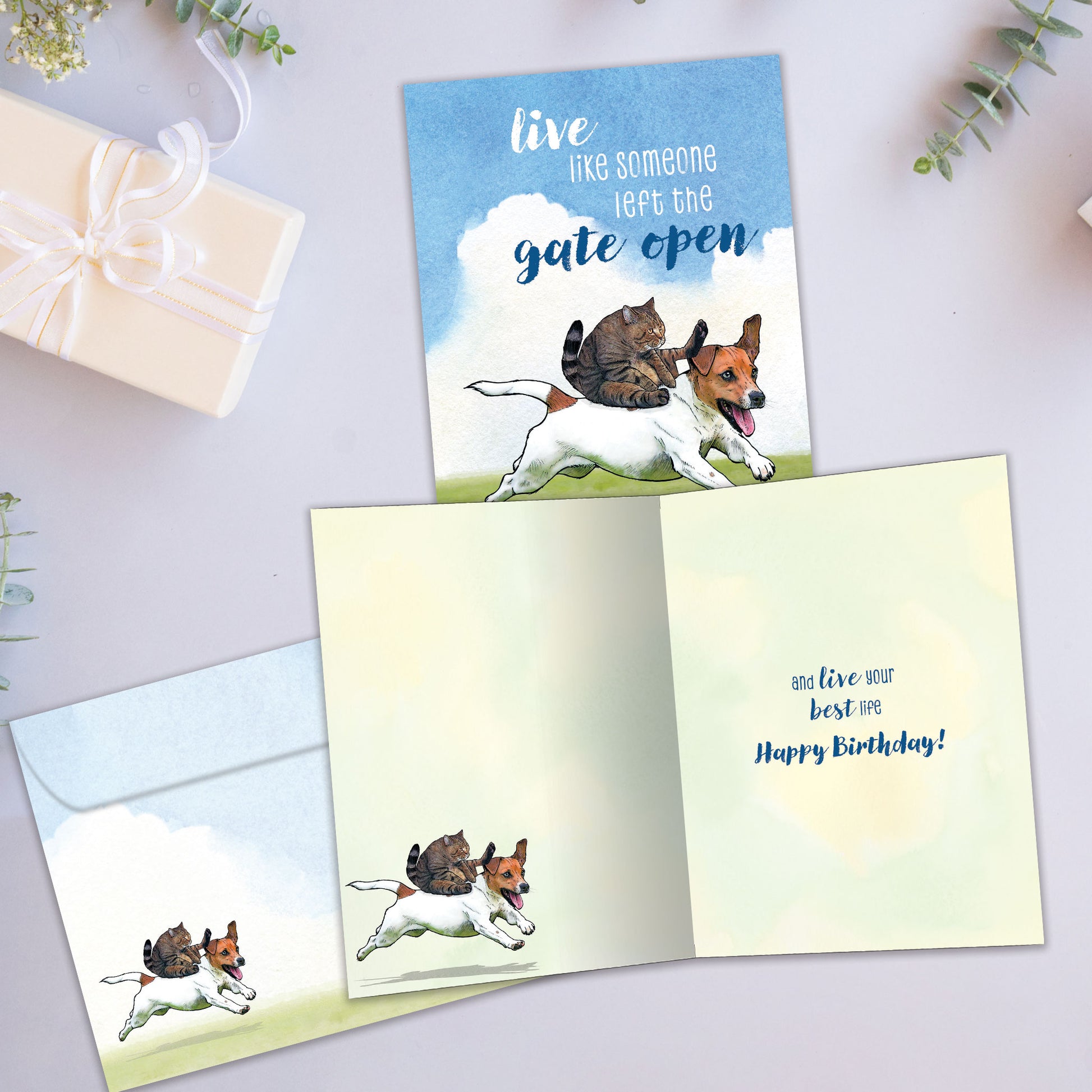 Front and inside view of a Birthday greeting card showcasing a cat riding on a dogs back with a message about life, with a matching envelope