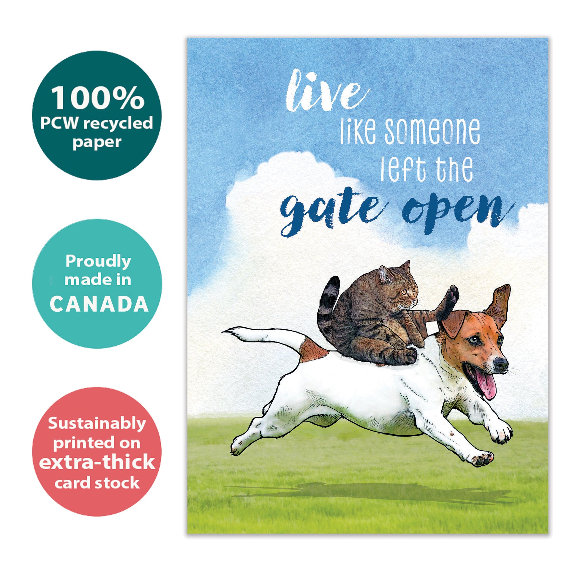 Front view of a Birthday greeting card featuring a cat riding on a dogs back with a message about life, highlighting its eco-friendly materials and made in Canada