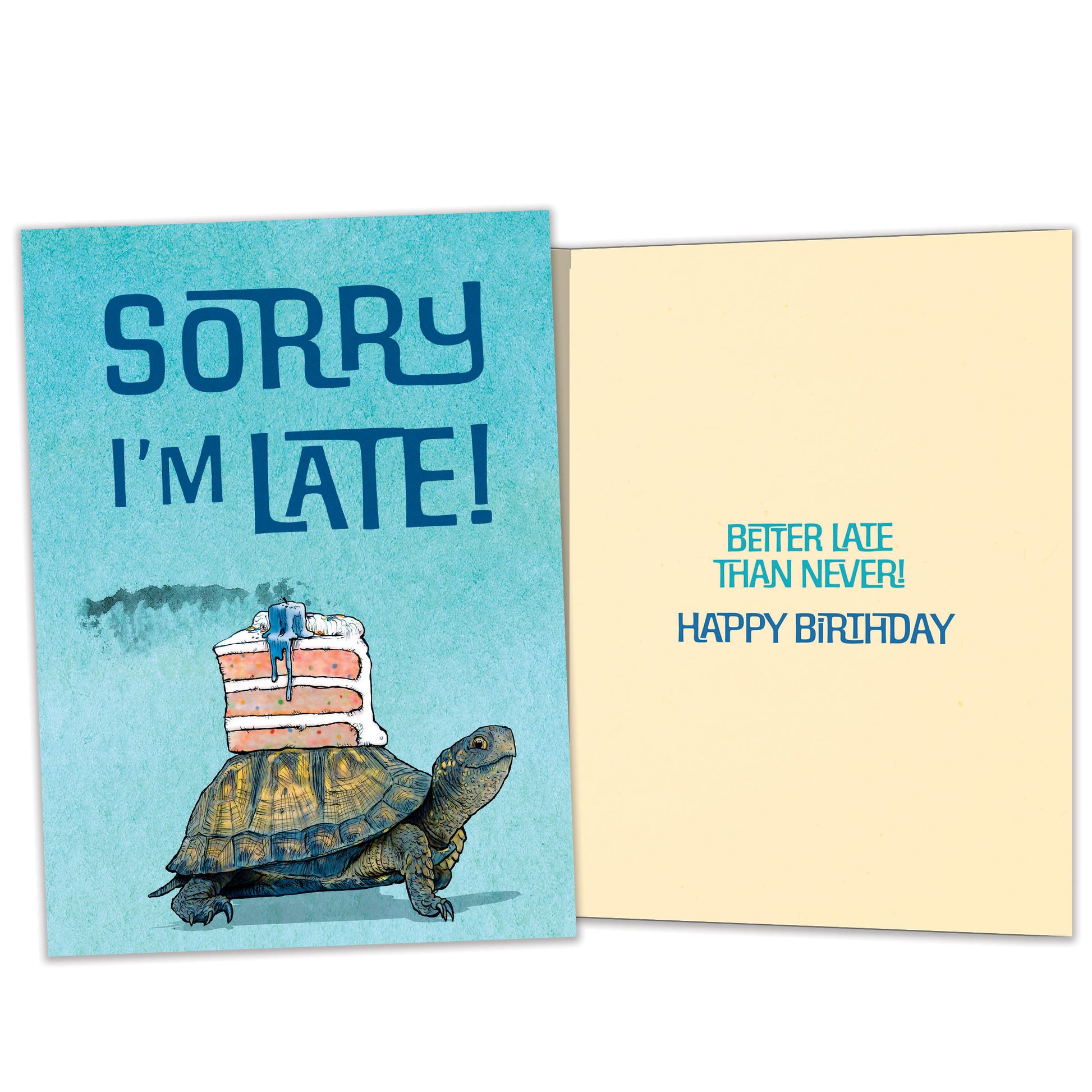 Front and inside view of a Birthday greeting card featuring a turtle with a cake on it’s back, with matching design details inside. 