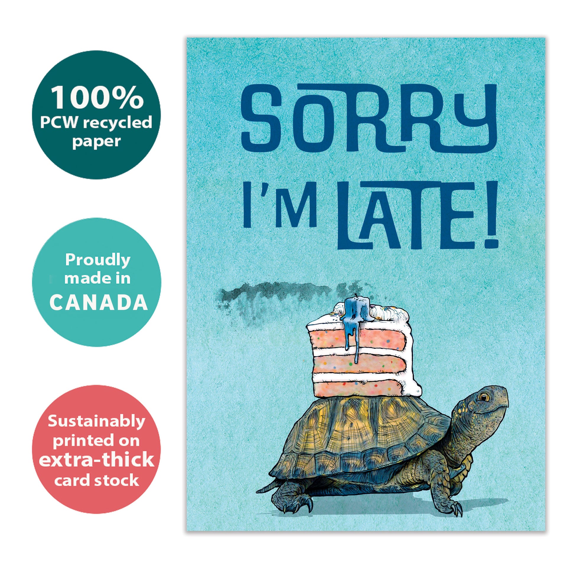 Front view of a Birthday greeting card featuring a turtle with a cake on it’s back, highlighting its eco-friendly materials and made in Canada