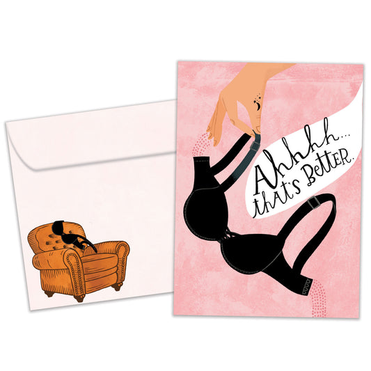 Front view of a Birthday greeting card featuring a hand holding a bra with the message "Ahhhh…that’s better", with a matching envelope