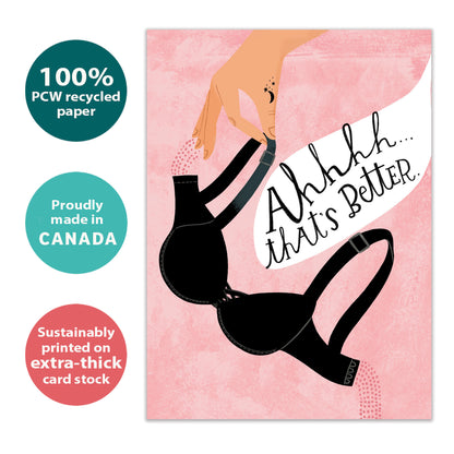 Front view of a Birthday greeting card with a bra and a funny message, highlighting its eco-friendly materials and made in Canada