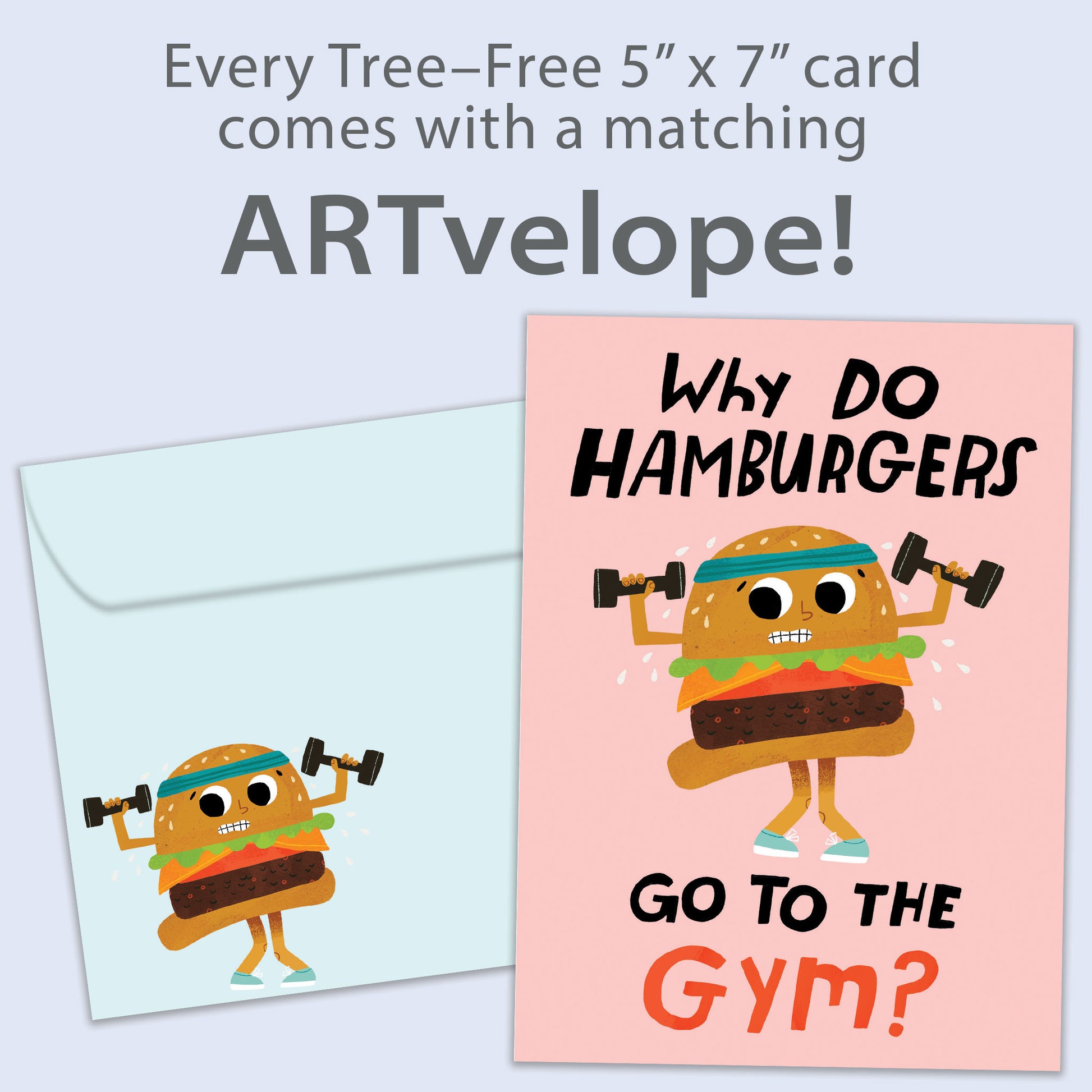 Front view of a Birthday greeting card featuring a hamburger lifting weights and a message about going to the gym, with matching envelope artwork
