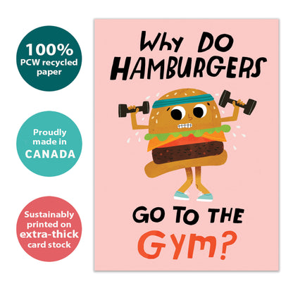 Front view of a Birthday greeting card featuring a hamburger lifting weights, highlighting its eco-friendly materials and made in Canada
