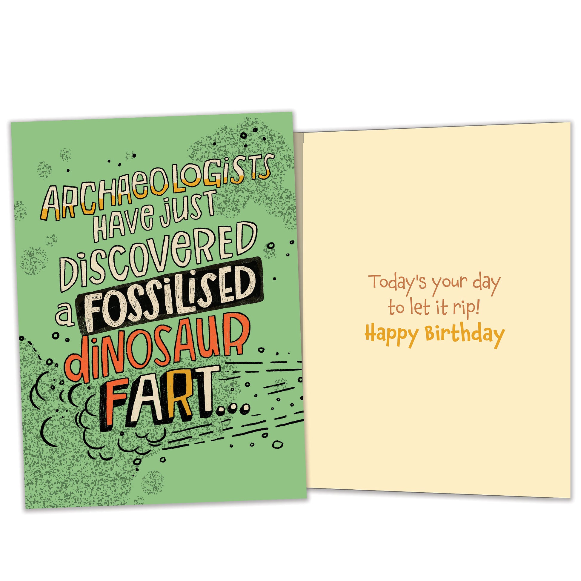 Front and inside view of a Birthday greeting card with a green background and a funny message about a dinosaur fart, with matching design details inside