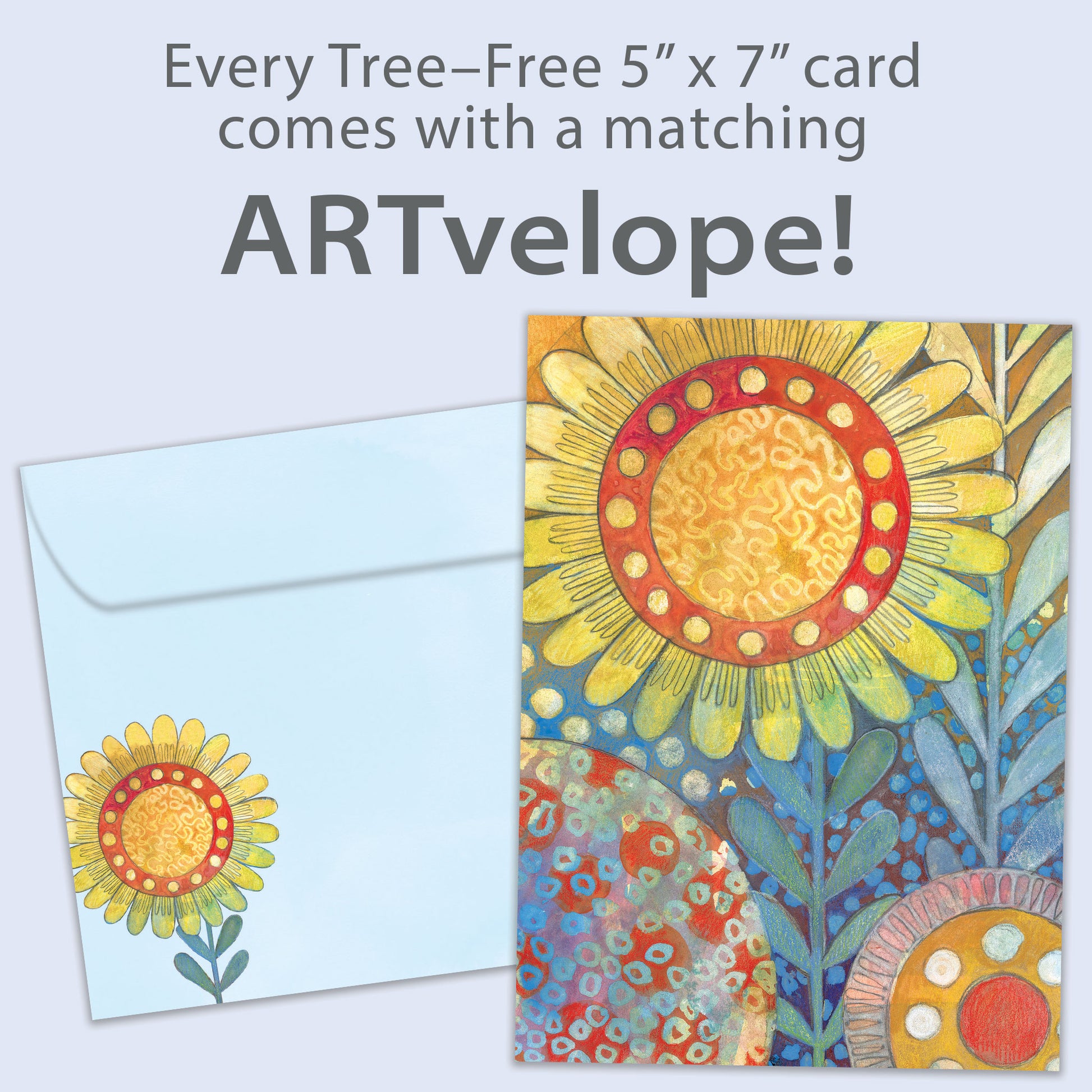Front view of an All Occasion greeting card featuring a large sunflower illustration along with matching envelope artwork.